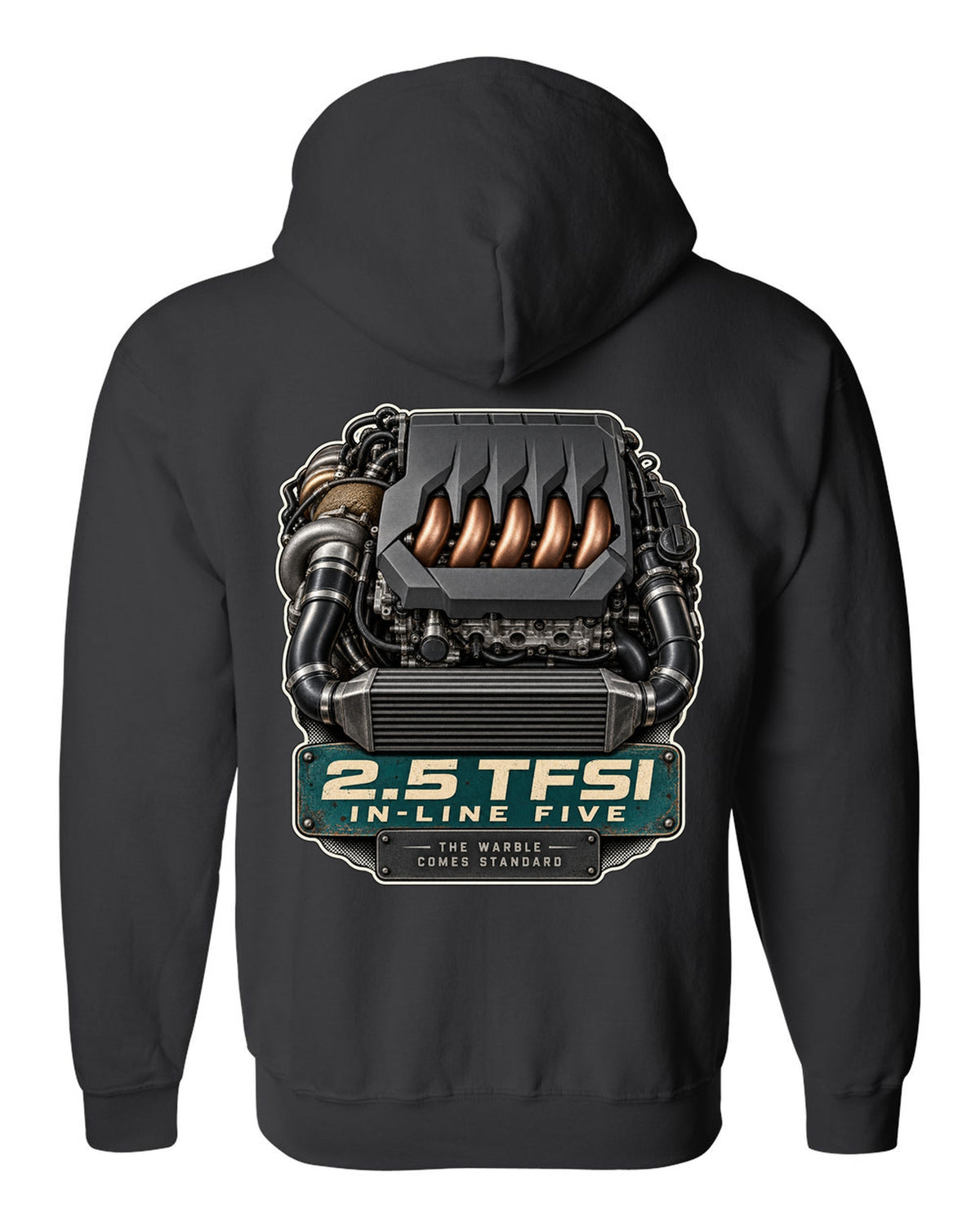 Engine bay print of the Audi RS3 8Y 2.5 TFSI in-line five black zip hoodie back view with the design