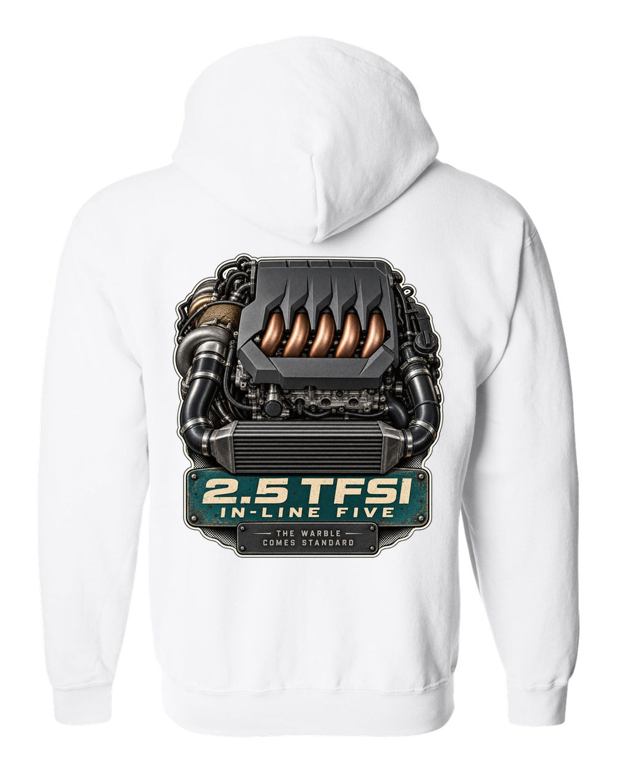 Engine bay print of the Audi RS3 8Y 2.5 TFSI in-line five white zip hoodie back view with the design