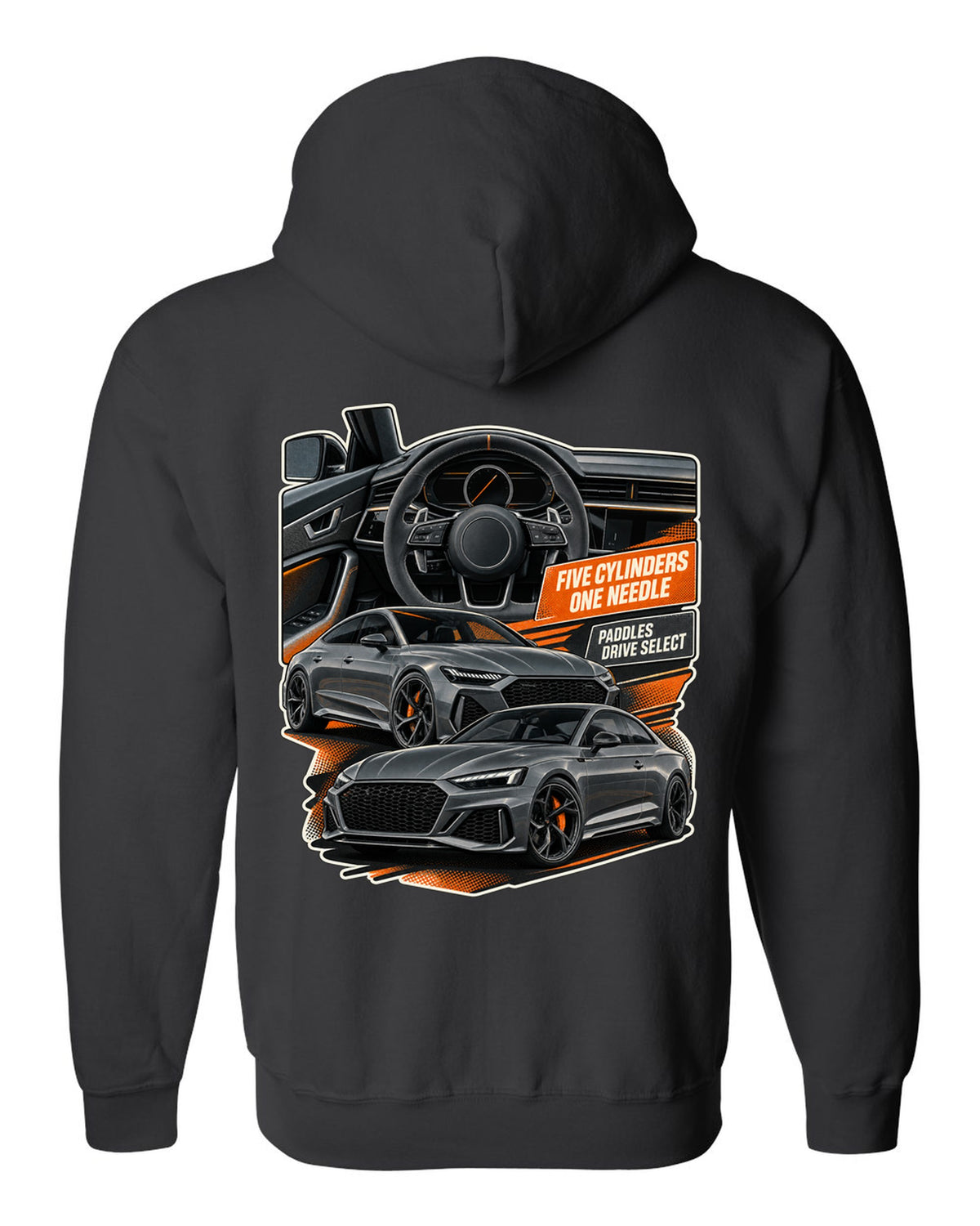 Interior and gauge cluster print of an Audi RS3 8Y black zip hoodie back view with the design