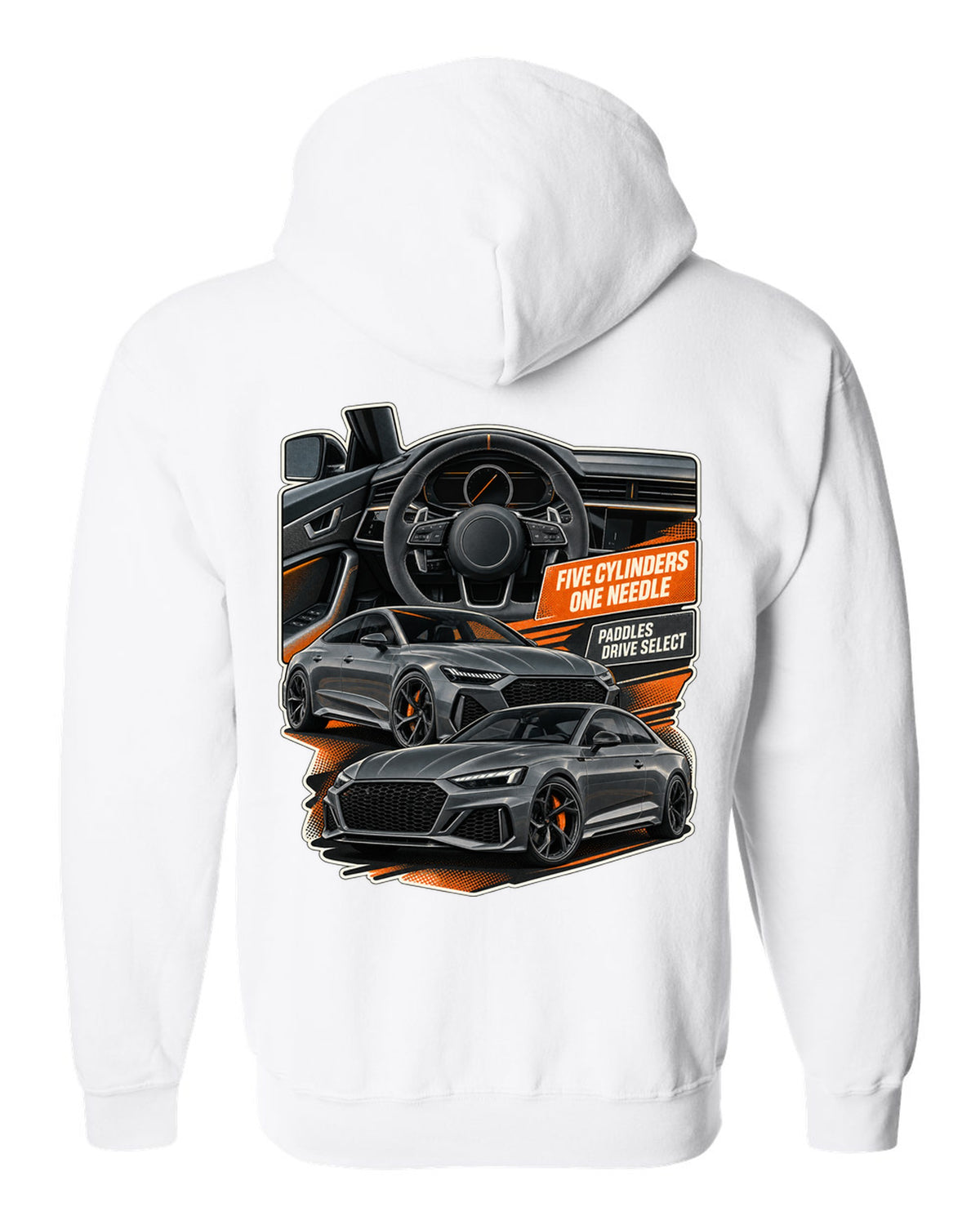 Interior and gauge cluster print of an Audi RS3 8Y white zip hoodie back view with the design