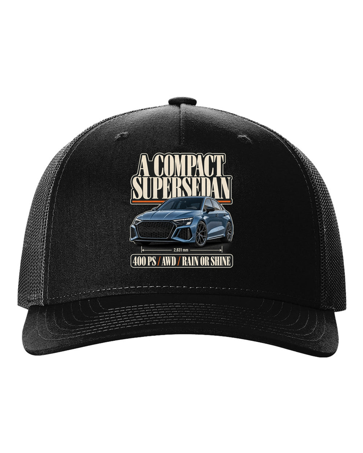 Editorial headline layout for the Audi RS3 8Y sedan, steel blue black hat front view with the design