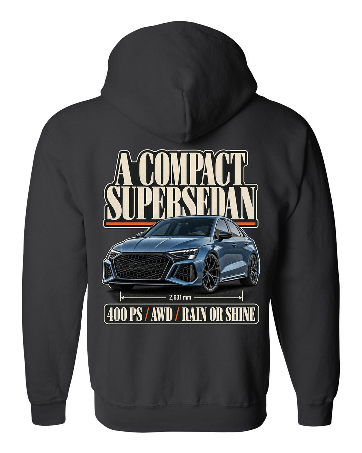 Editorial headline layout for the Audi RS3 8Y sedan, steel blue black zip hoodie back view with the design