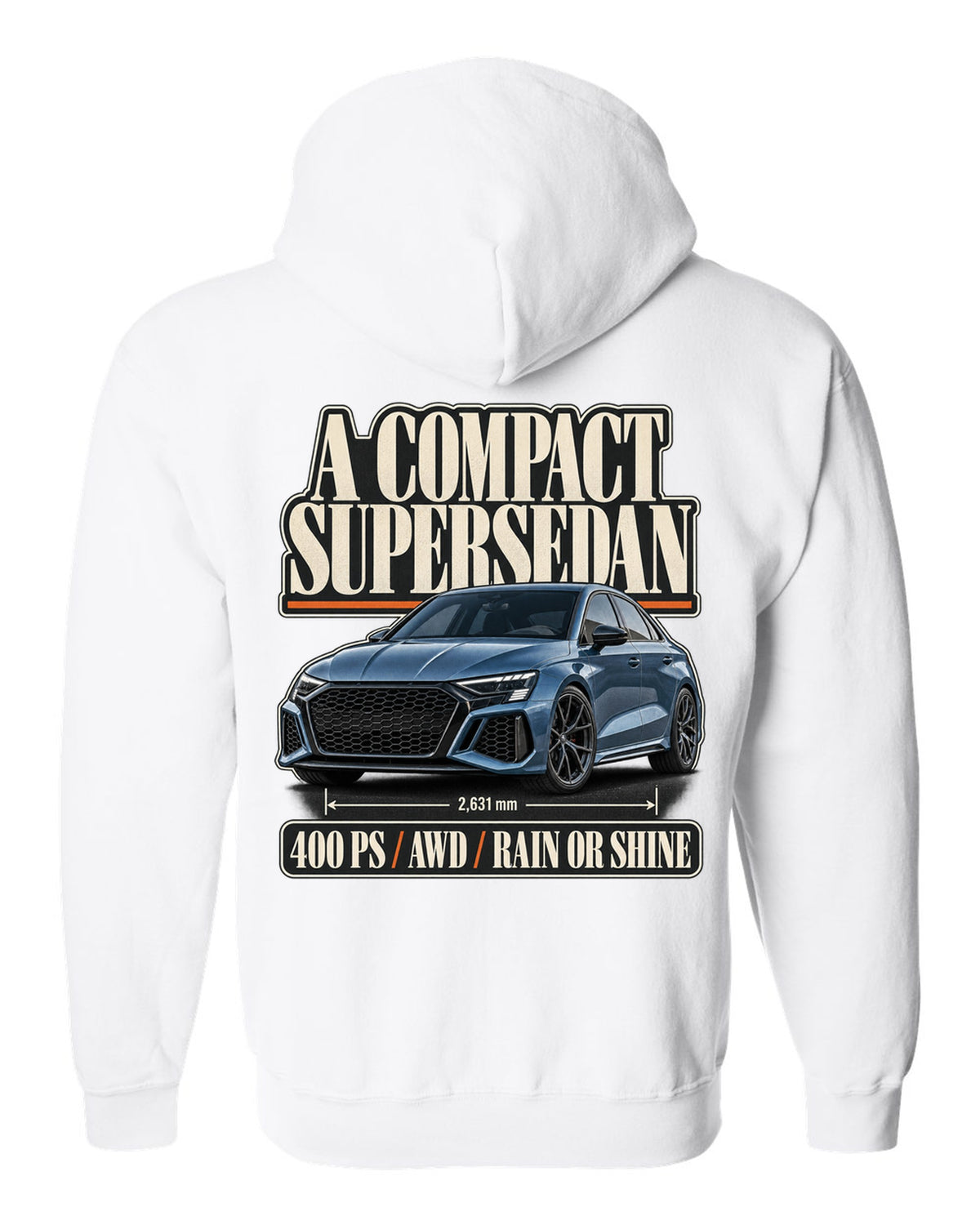 Editorial headline layout for the Audi RS3 8Y sedan, steel blue white zip hoodie back view with the design