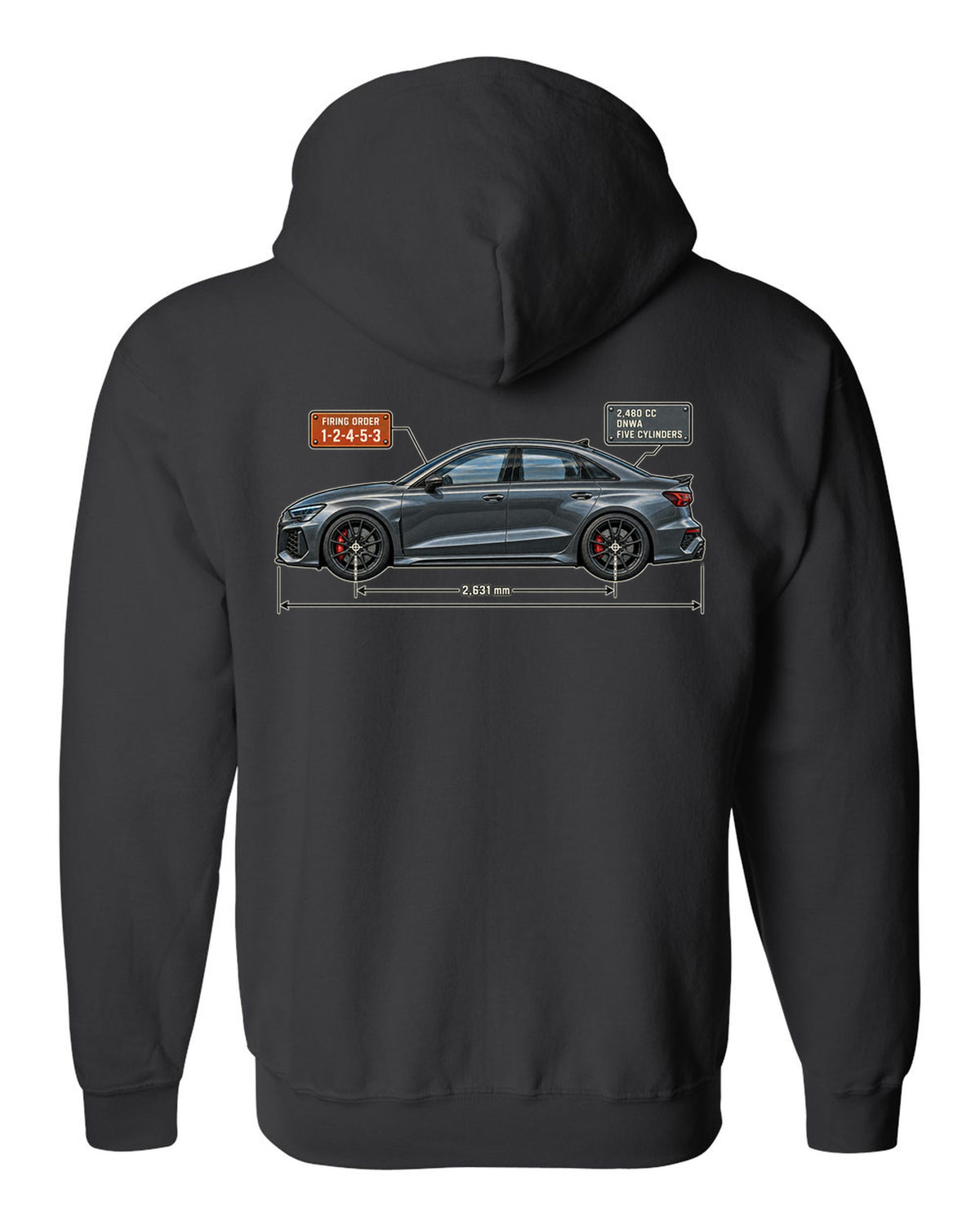 Blueprint of the Audi RS3 8Y sedan with 1-2-4-5-3 firing order black zip hoodie back view with the design