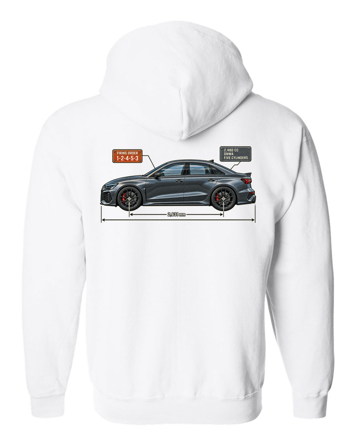 Blueprint of the Audi RS3 8Y sedan with 1-2-4-5-3 firing order white zip hoodie back view with the design