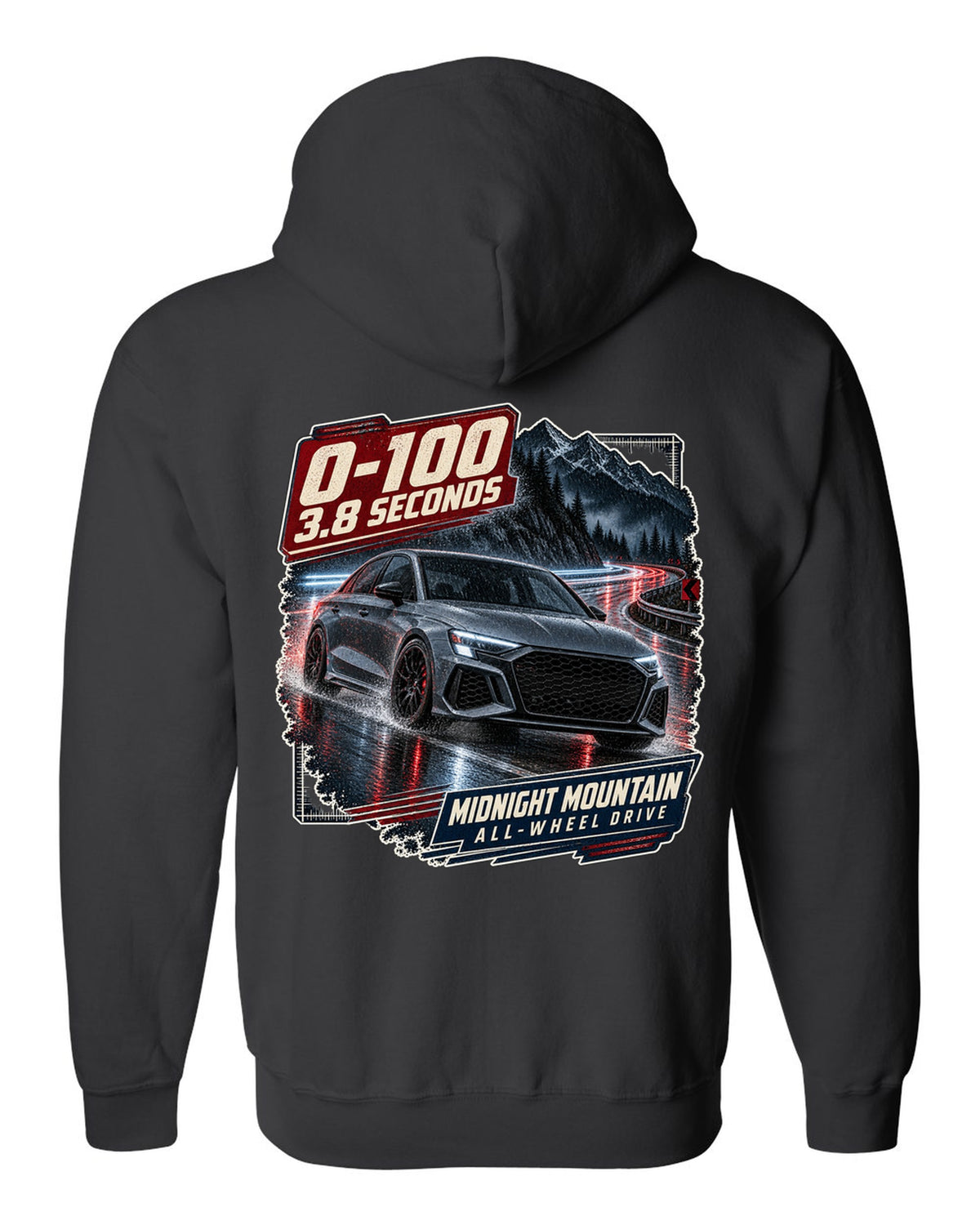 Audi RS3 8Y sedan on a night mountain road with 0-100 caption black zip hoodie back view with the design