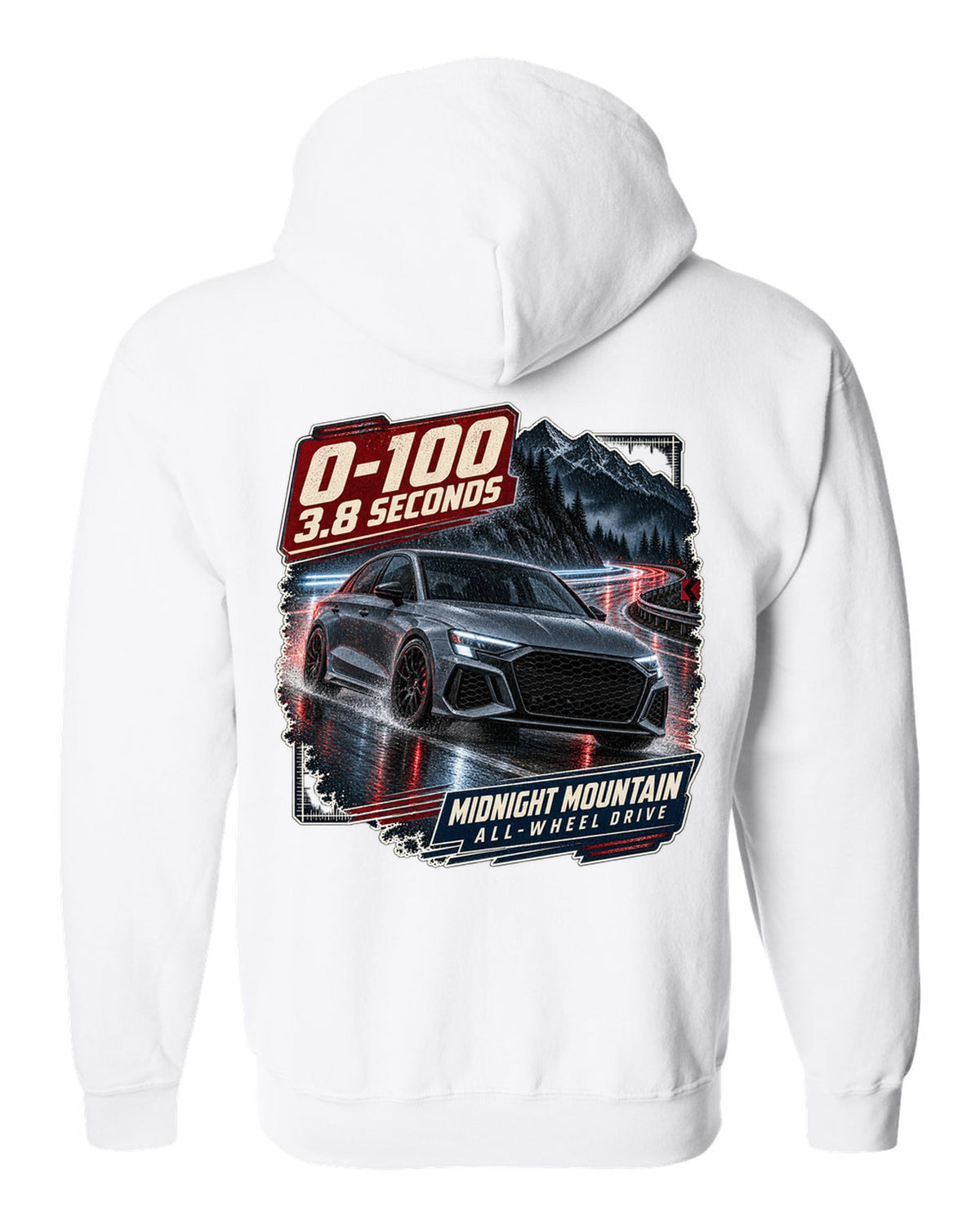 Audi RS3 8Y sedan on a night mountain road with 0-100 caption white zip hoodie back view with the design