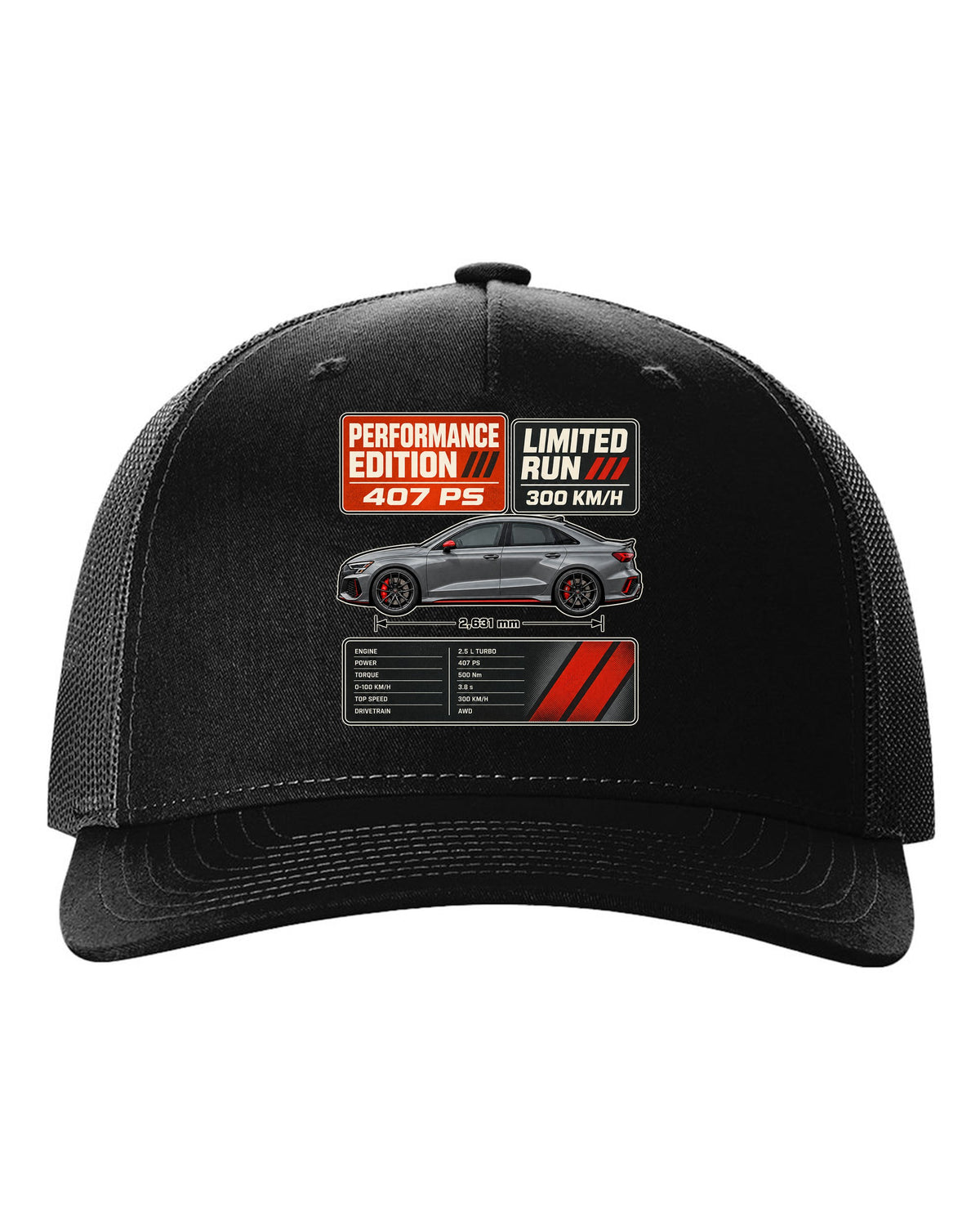 Grey and orange spec poster for the Audi RS3 8Y Performance Edition black hat front view with the design