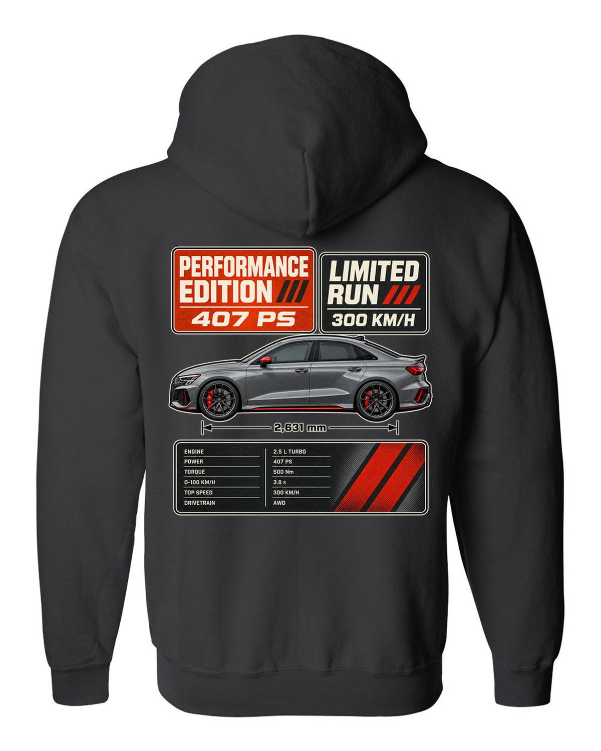 Grey and orange spec poster for the Audi RS3 8Y Performance Edition black zip hoodie back view with the design