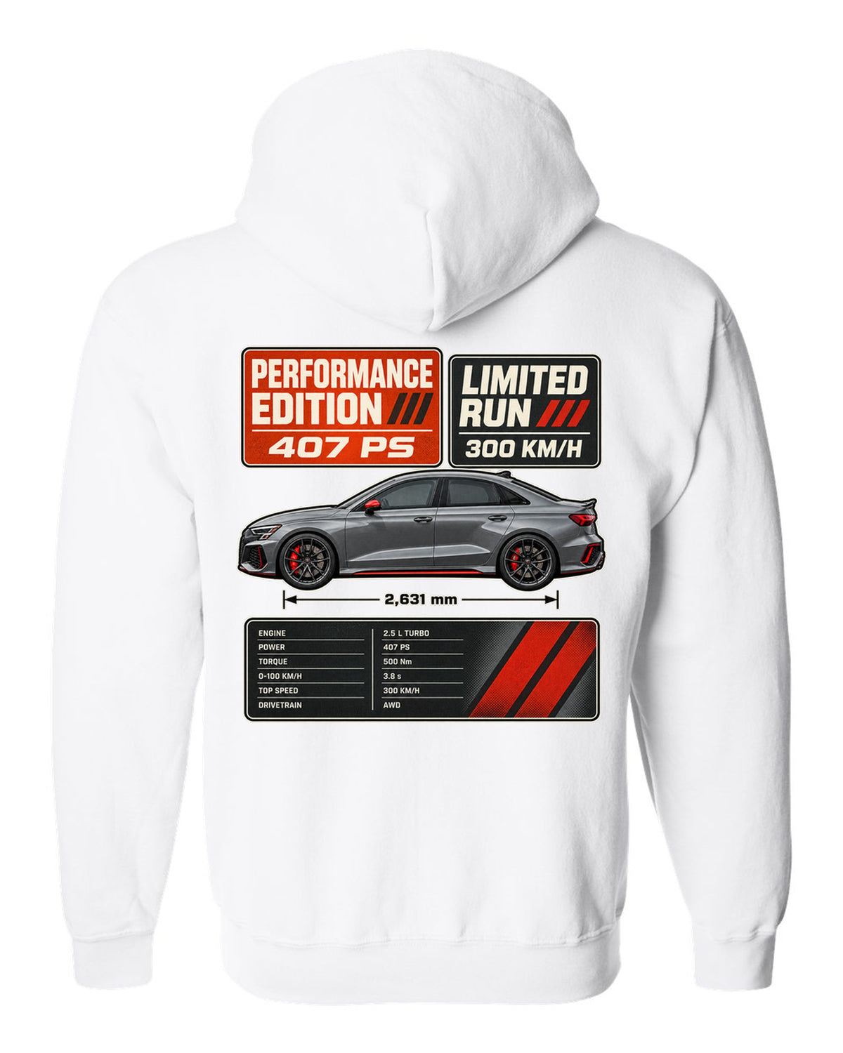 Grey and orange spec poster for the Audi RS3 8Y Performance Edition white zip hoodie back view with the design