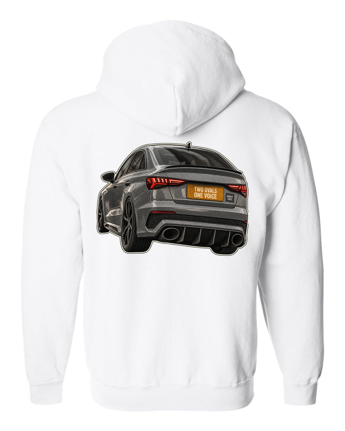 Taillight and exhaust macro of an Audi RS3 8Y sedan white zip hoodie back view with the design