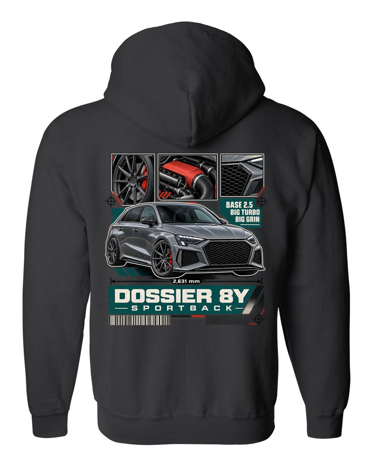 Three-panel dossier of an Audi RS3 8Y Sportback pre-facelift black zip hoodie back view with the design