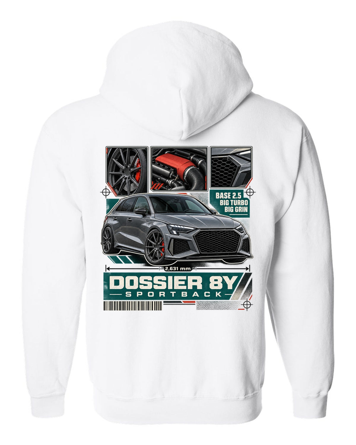 Three-panel dossier of an Audi RS3 8Y Sportback pre-facelift white zip hoodie back view with the design