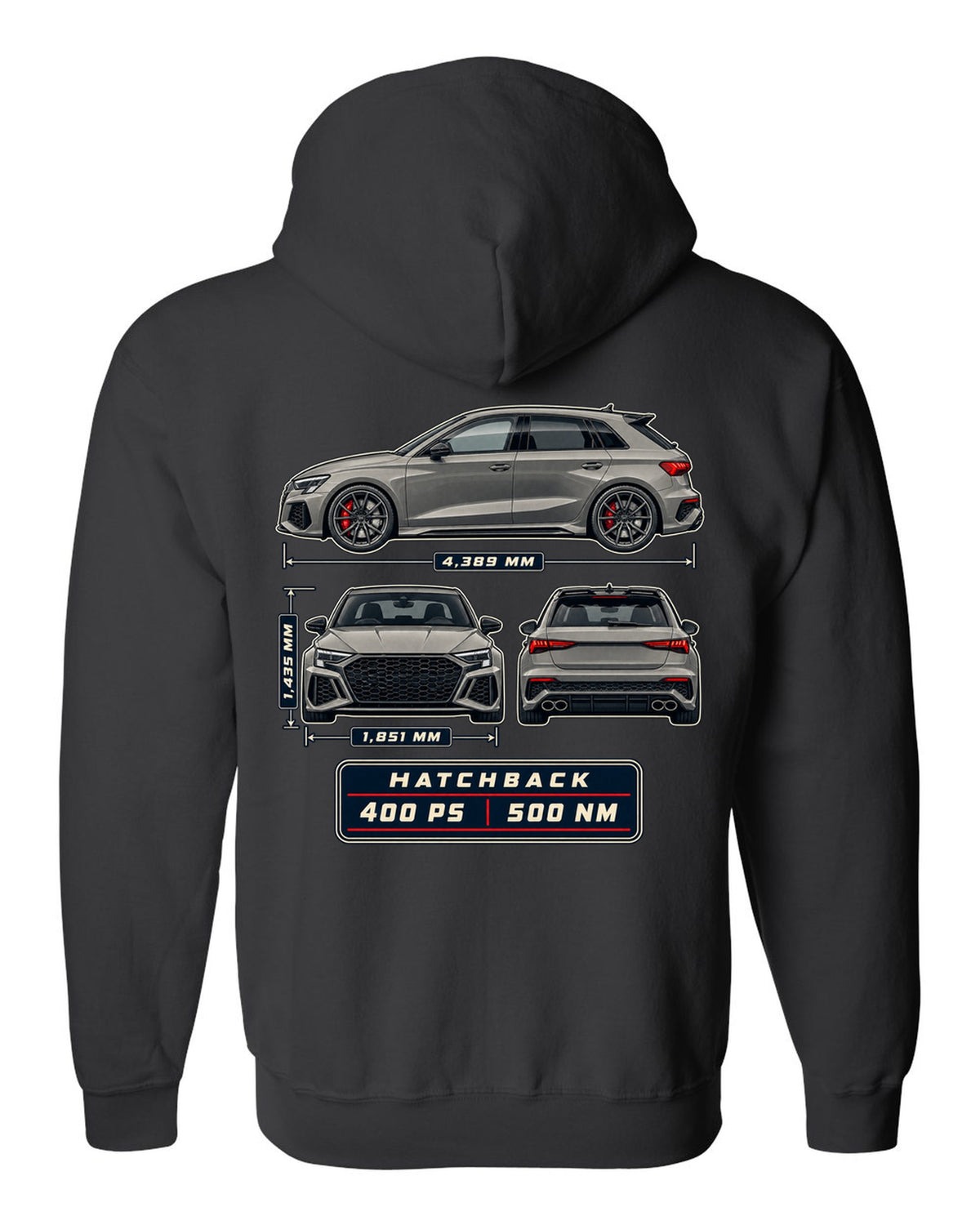 Three-view drawing and spec table of the Audi RS3 8Y Sportback black zip hoodie back view with the design
