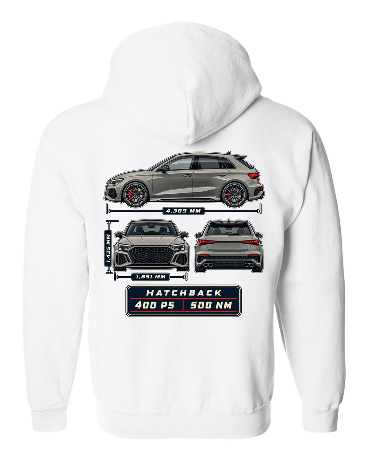 Three-view drawing and spec table of the Audi RS3 8Y Sportback white zip hoodie back view with the design