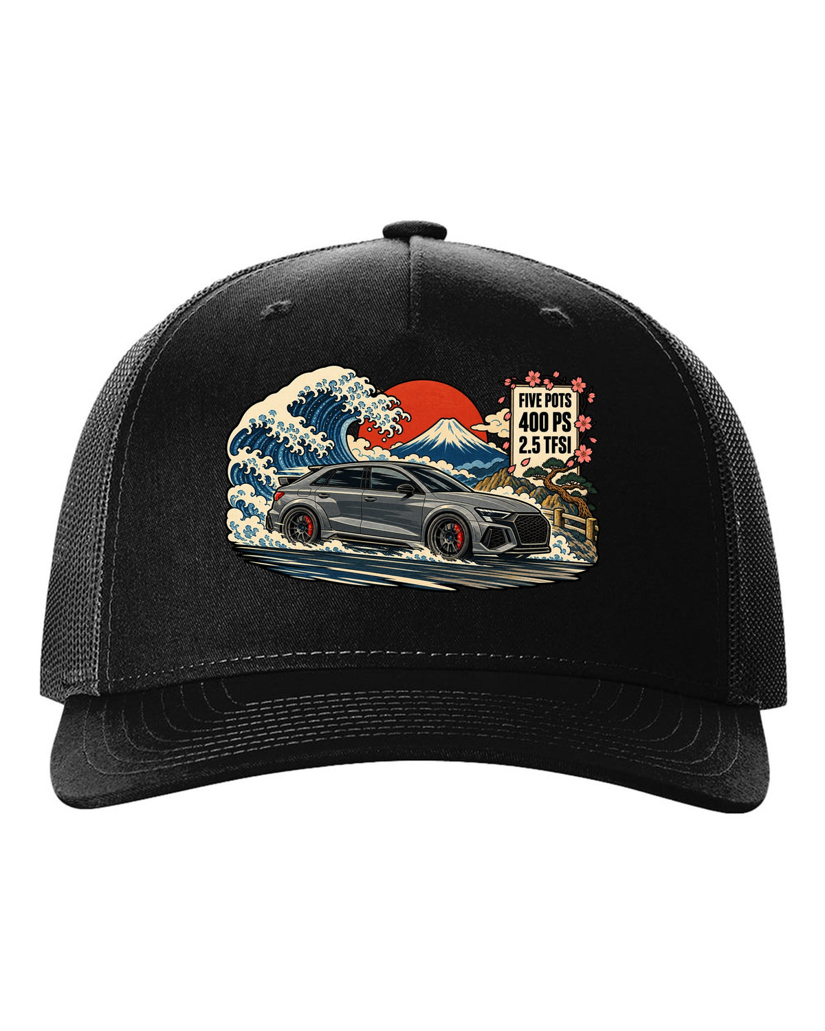 Ukiyo-e woodblock style print of an Audi RS3 8Y with a mountain and 2.5 TFSI text black hat front view with the design