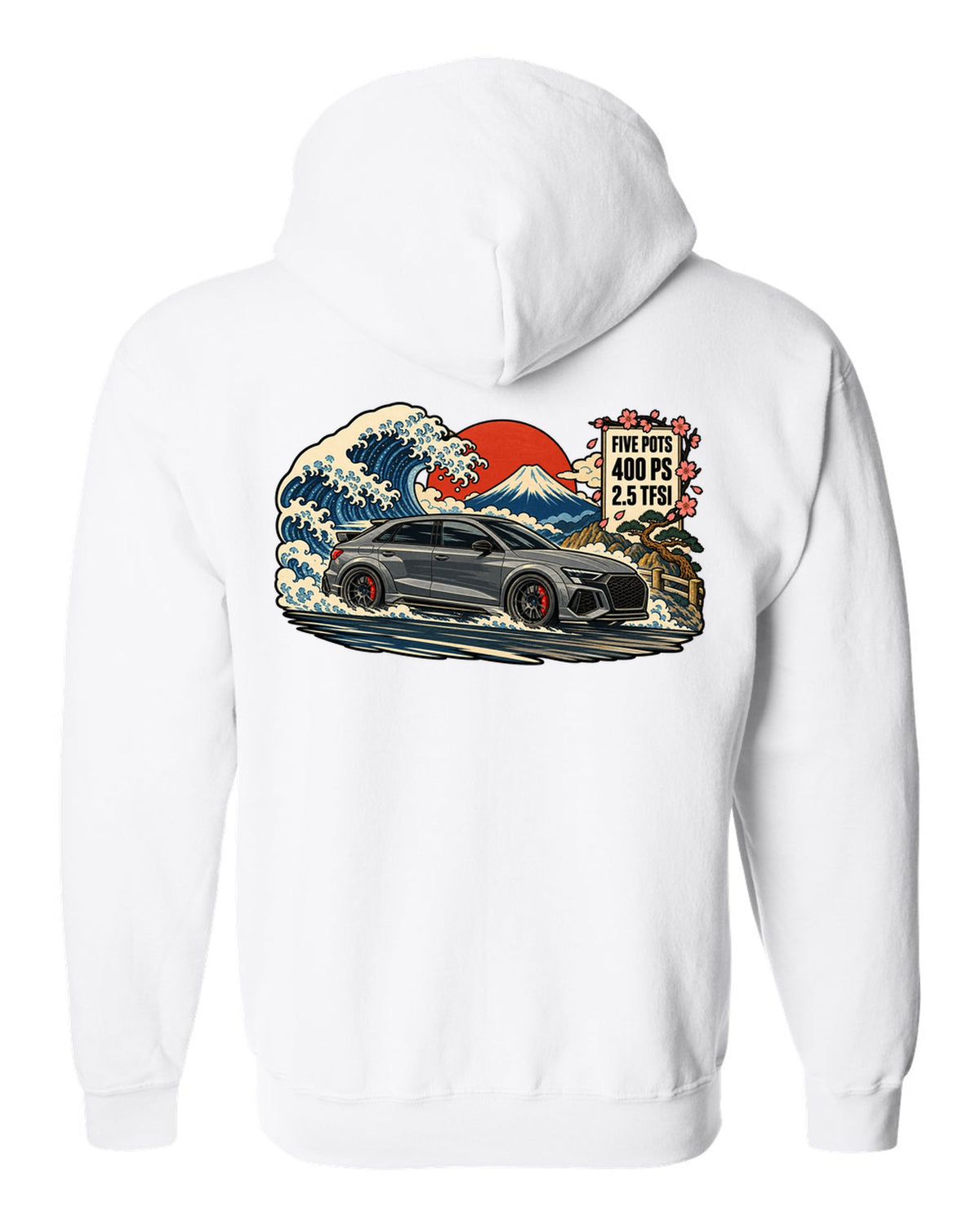 Ukiyo-e woodblock style print of an Audi RS3 8Y with a mountain and 2.5 TFSI text white zip hoodie back view with the design