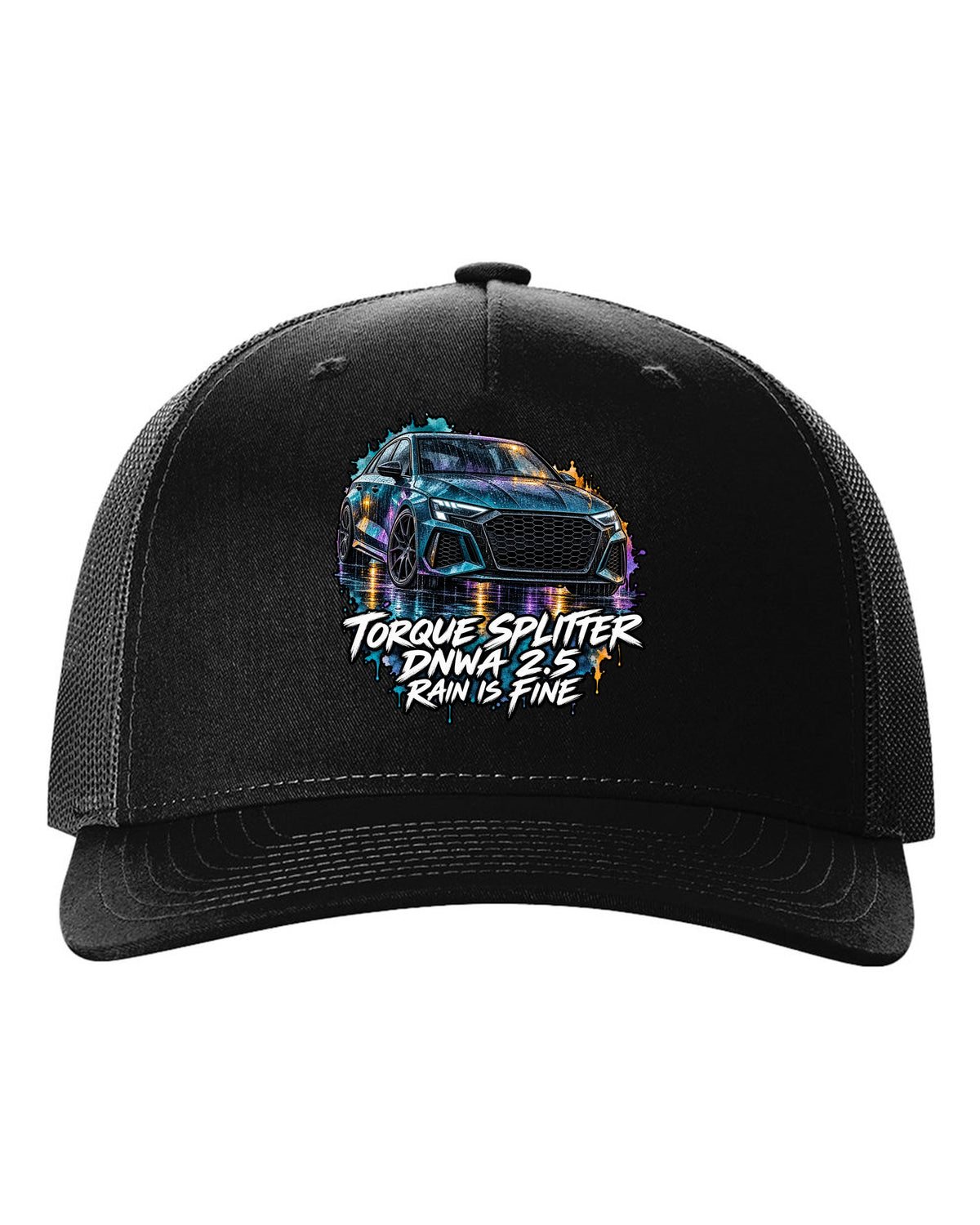 Watercolour wash print of an Audi RS3 8Y with Rain Is Fine lettering black hat front view with the design