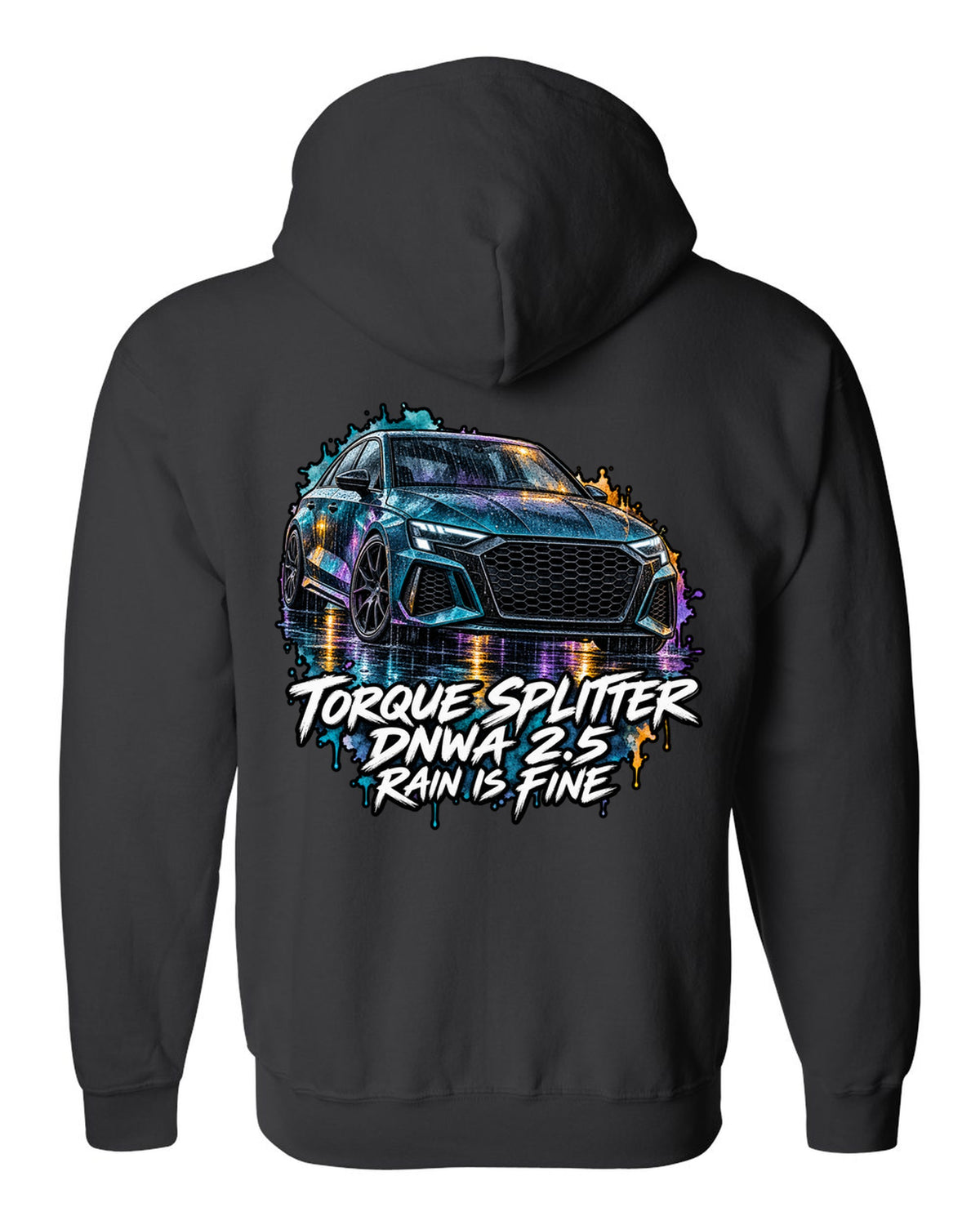 Watercolour wash print of an Audi RS3 8Y with Rain Is Fine lettering black zip hoodie back view with the design
