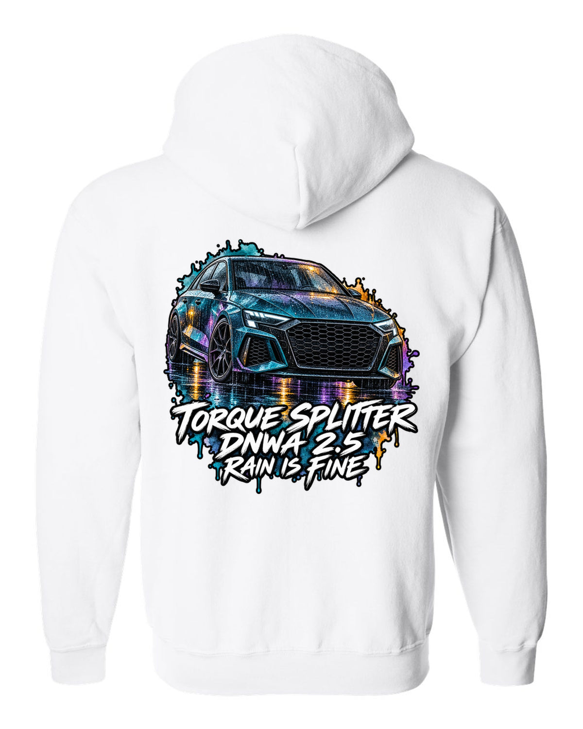 Watercolour wash print of an Audi RS3 8Y with Rain Is Fine lettering white zip hoodie back view with the design
