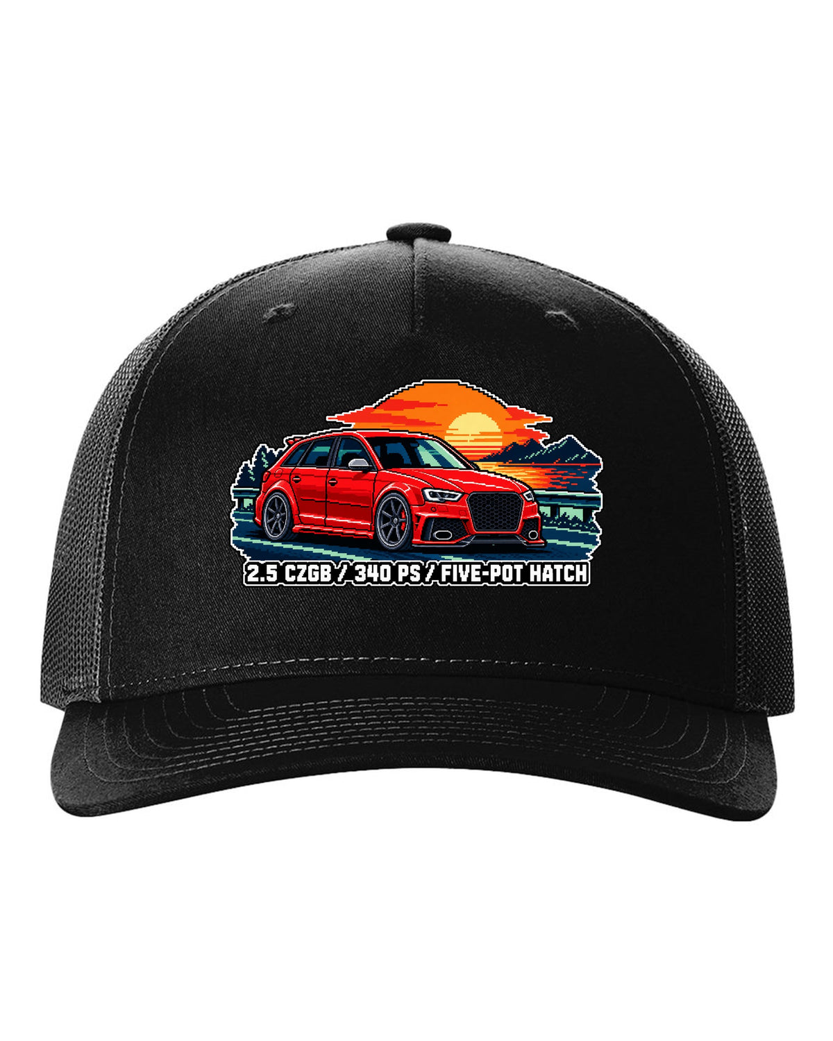 16-bit pixel art print of an Audi RS3 Sportback 8P with 2.5 CZGB text black hat front view with the design