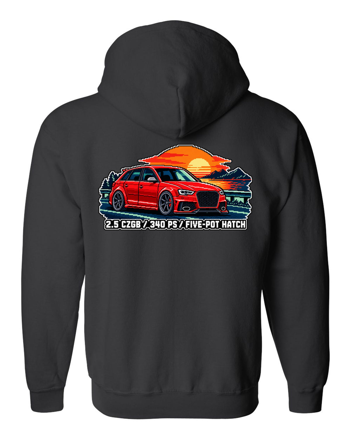 16-bit pixel art print of an Audi RS3 Sportback 8P with 2.5 CZGB text black zip hoodie back view with the design