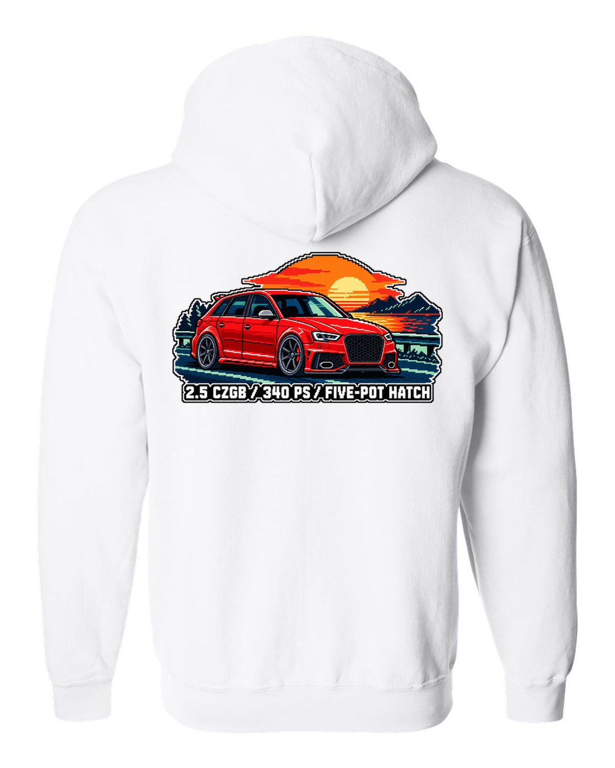 16-bit pixel art print of an Audi RS3 Sportback 8P with 2.5 CZGB text white zip hoodie back view with the design