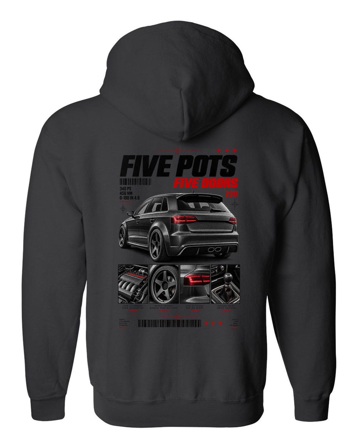 Audi RS3 Sportback 8P rear three-quarter in dossier panels with five pots text black zip hoodie back view with the design
