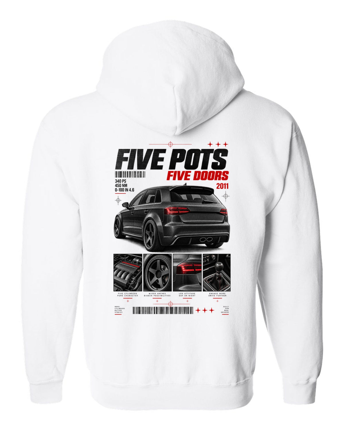 Audi RS3 Sportback 8P rear three-quarter in dossier panels with five pots text white zip hoodie back view with the design