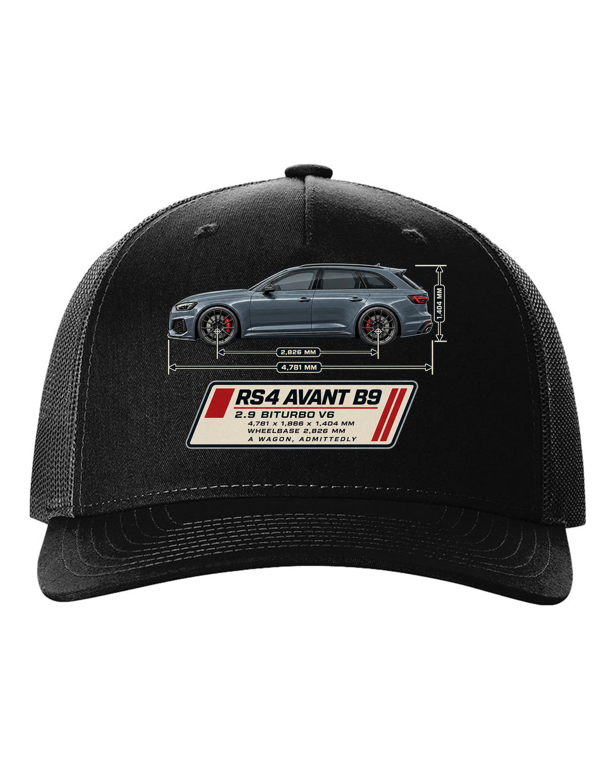 Audi RS4 Avant B9 dimension blueprint print with measurements black hat front view with the design
