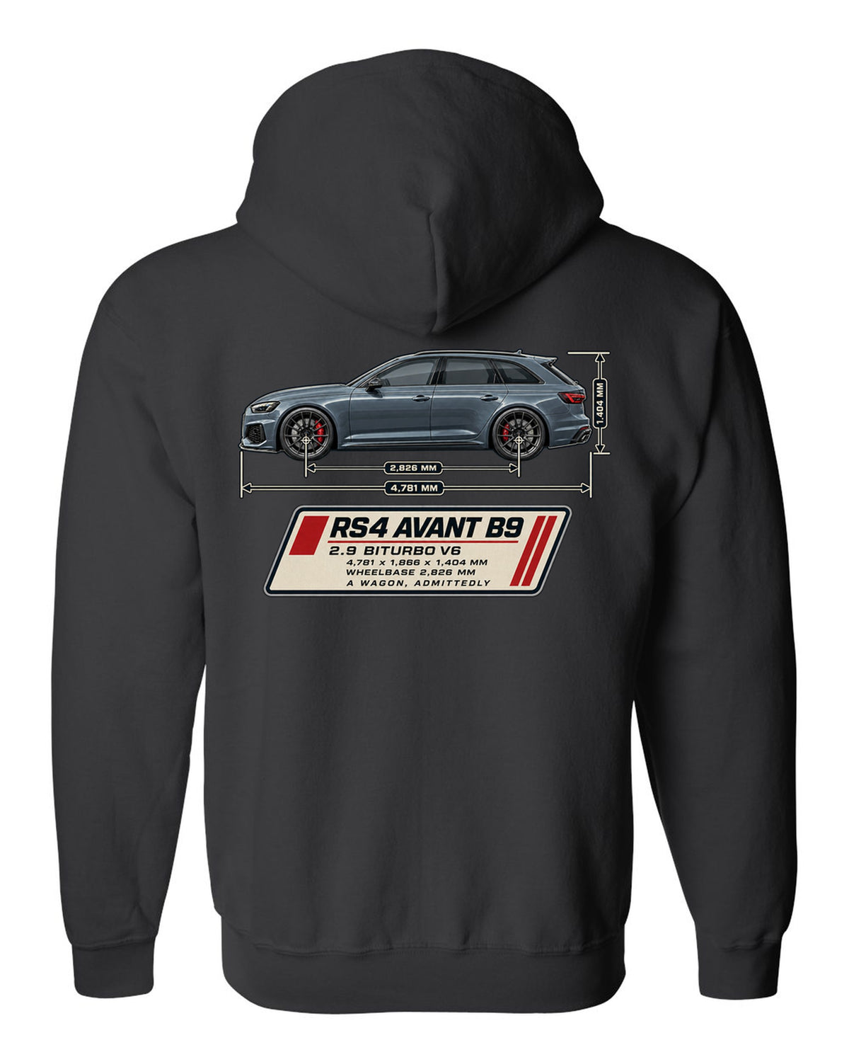 Audi RS4 Avant B9 dimension blueprint print with measurements black zip hoodie back view with the design