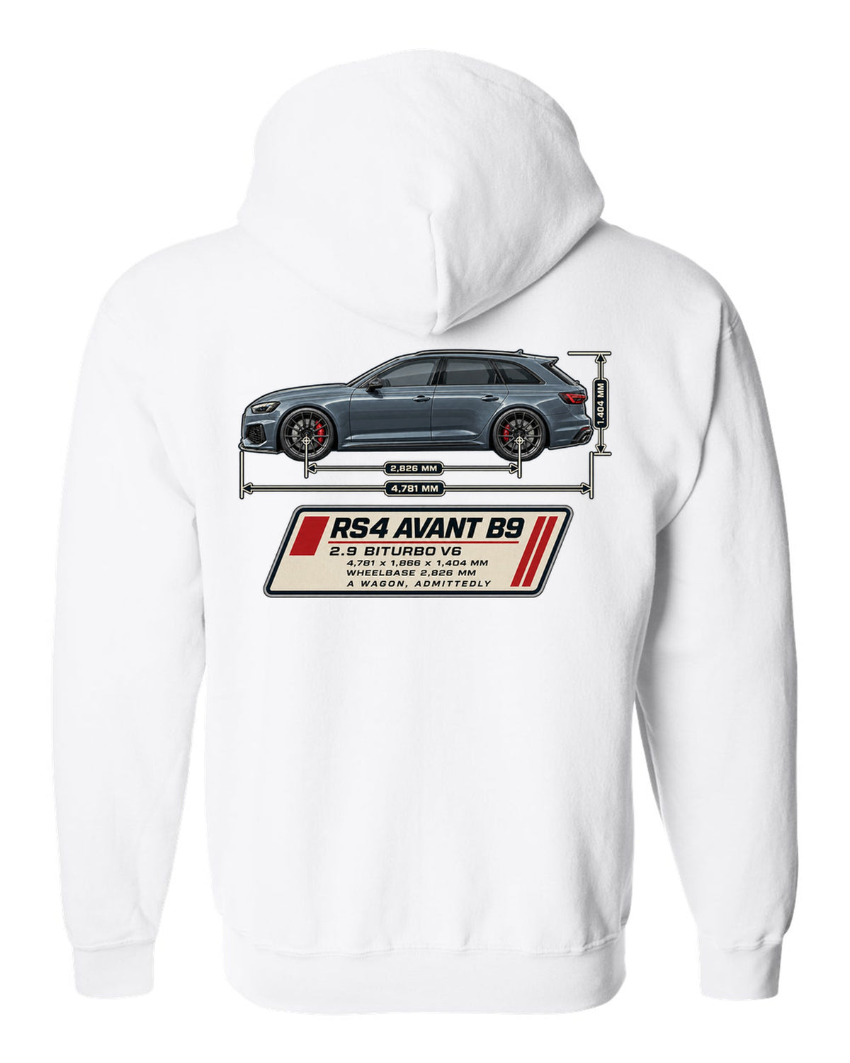 Audi RS4 Avant B9 dimension blueprint print with measurements white zip hoodie back view with the design