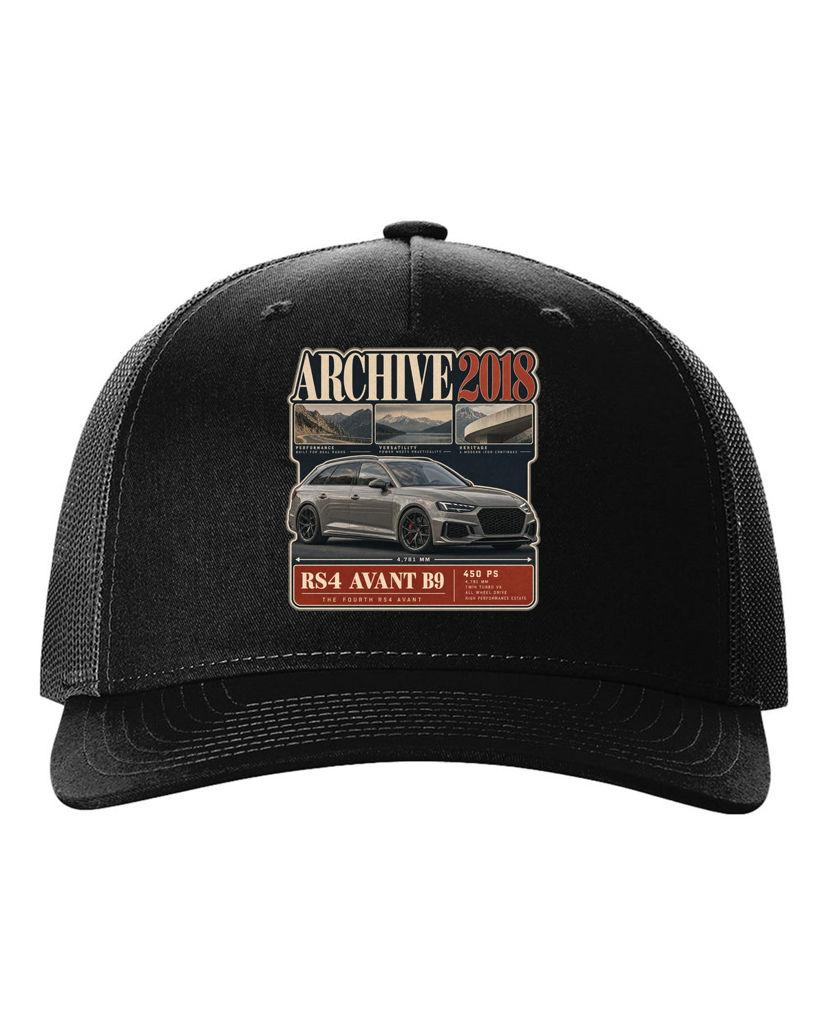 Audi RS4 Avant B9 archive panel print marked 2018 with 450 PS black hat front view with the design