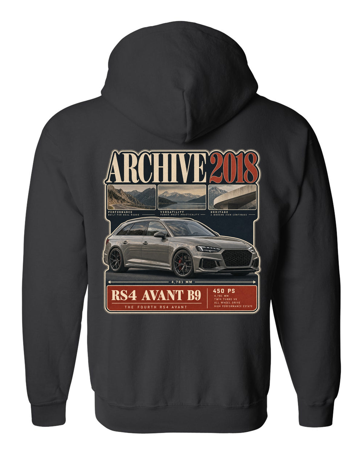 Audi RS4 Avant B9 archive panel print marked 2018 with 450 PS black zip hoodie back view with the design