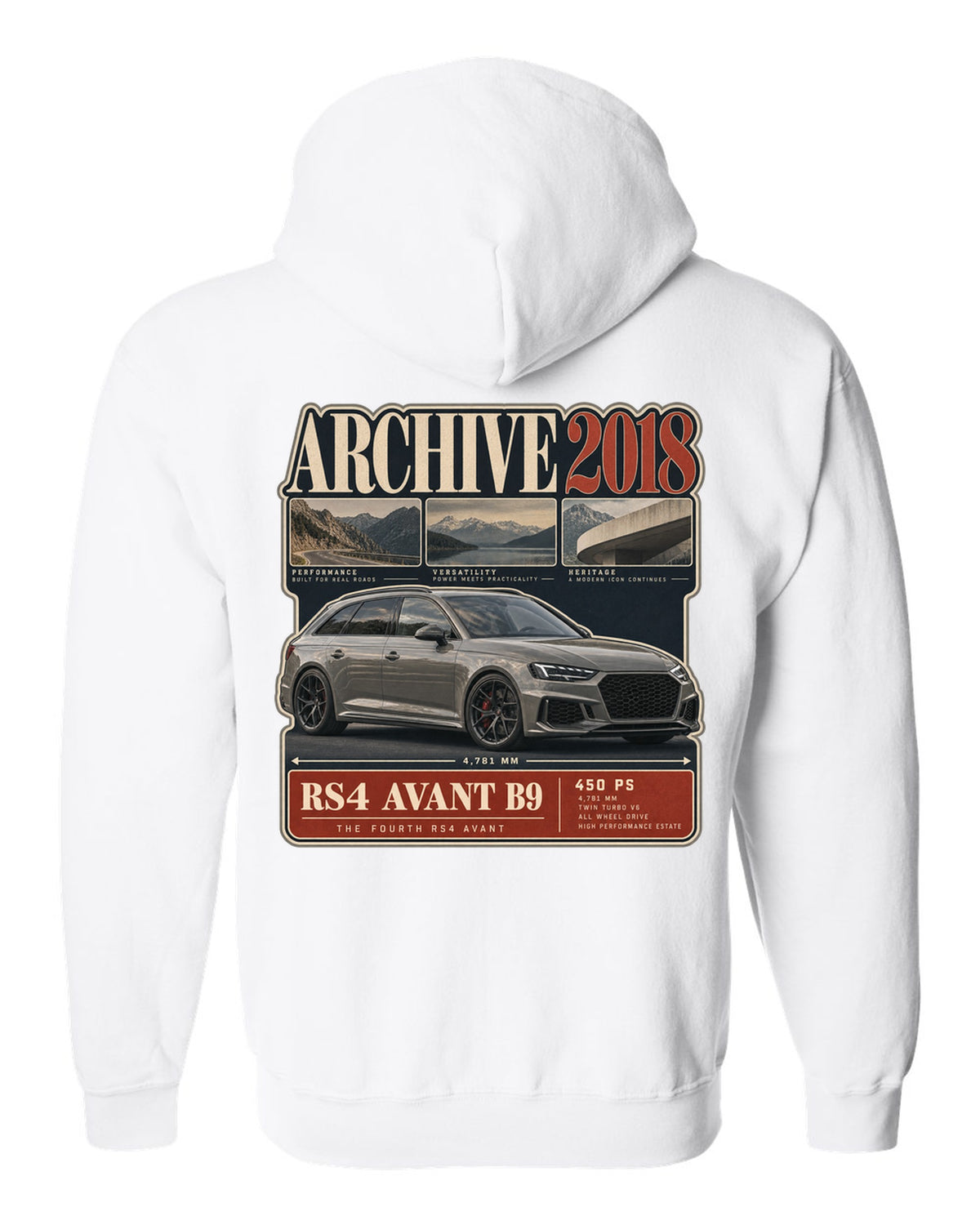 Audi RS4 Avant B9 archive panel print marked 2018 with 450 PS white zip hoodie back view with the design