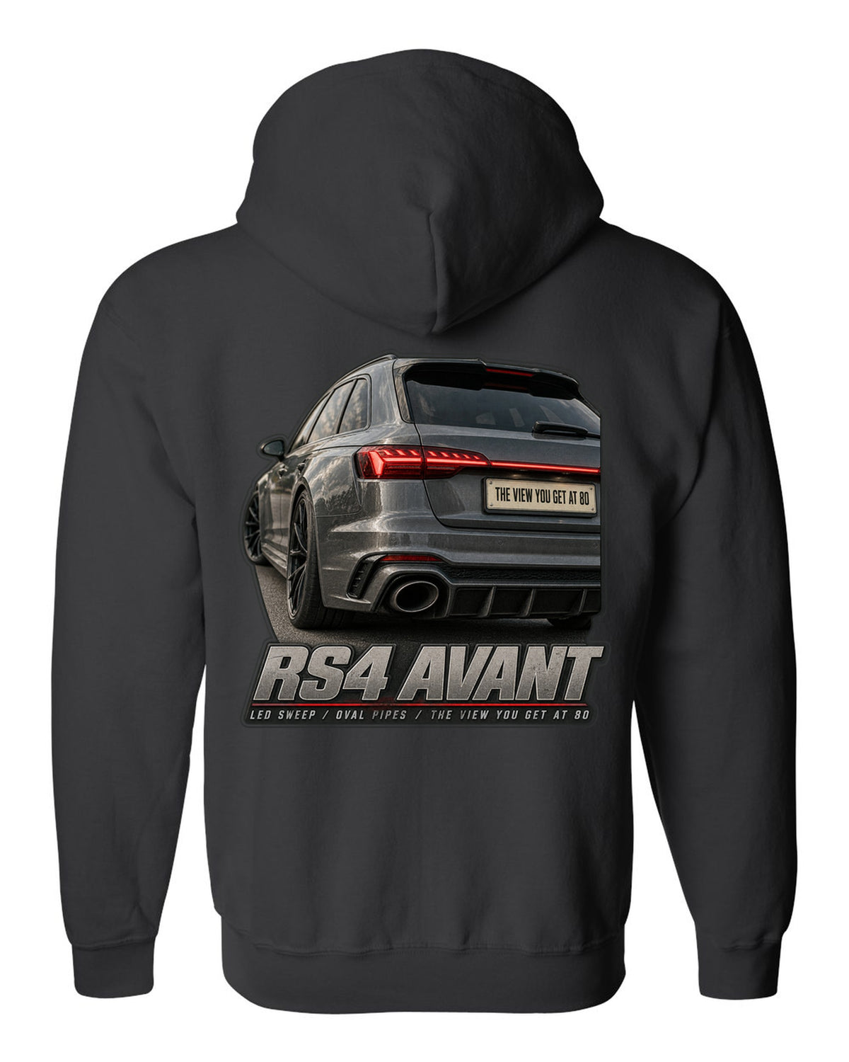 Audi RS4 Avant B9 rear taillight macro with LED sweep and oval pipes print black zip hoodie back view with the design