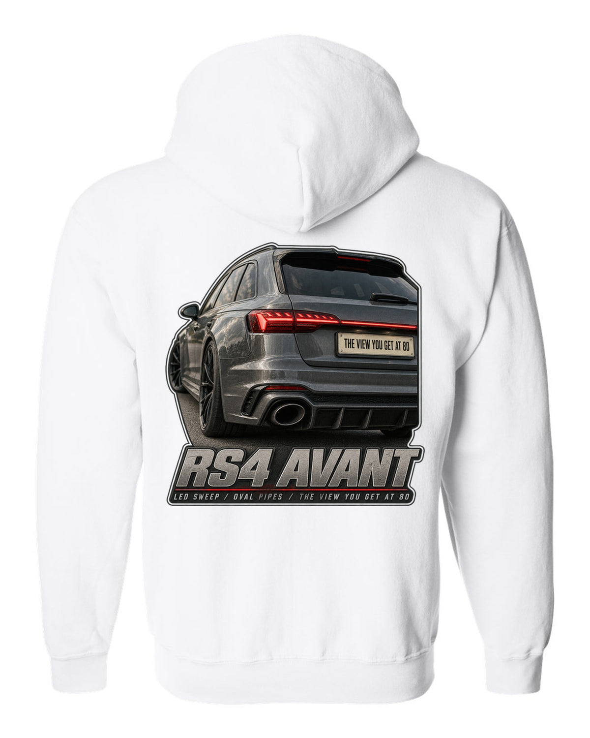 Audi RS4 Avant B9 rear taillight macro with LED sweep and oval pipes print white zip hoodie back view with the design
