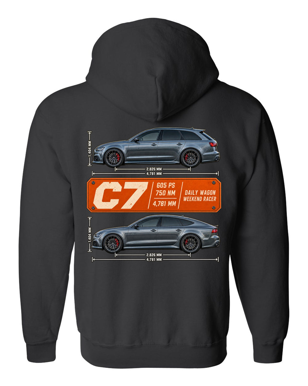 Audi RS4 Avant B9 spec poster print with 450 PS and 600 Nm black zip hoodie back view with the design