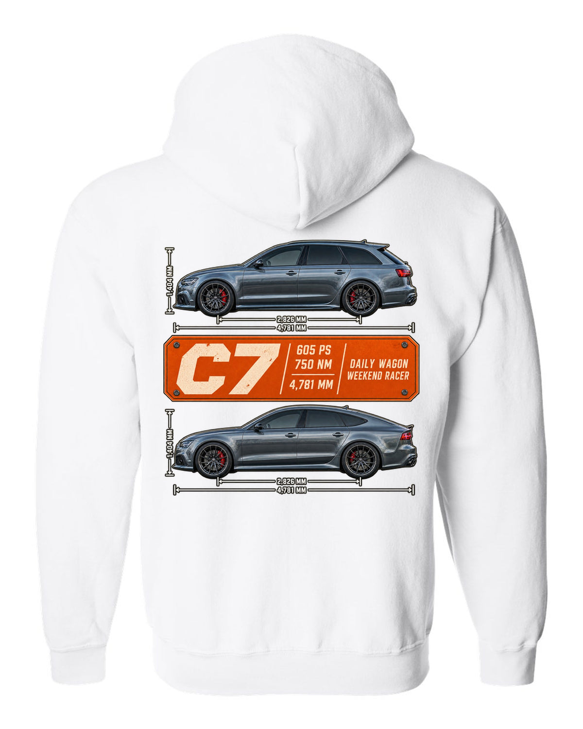 Audi RS4 Avant B9 spec poster print with 450 PS and 600 Nm white zip hoodie back view with the design