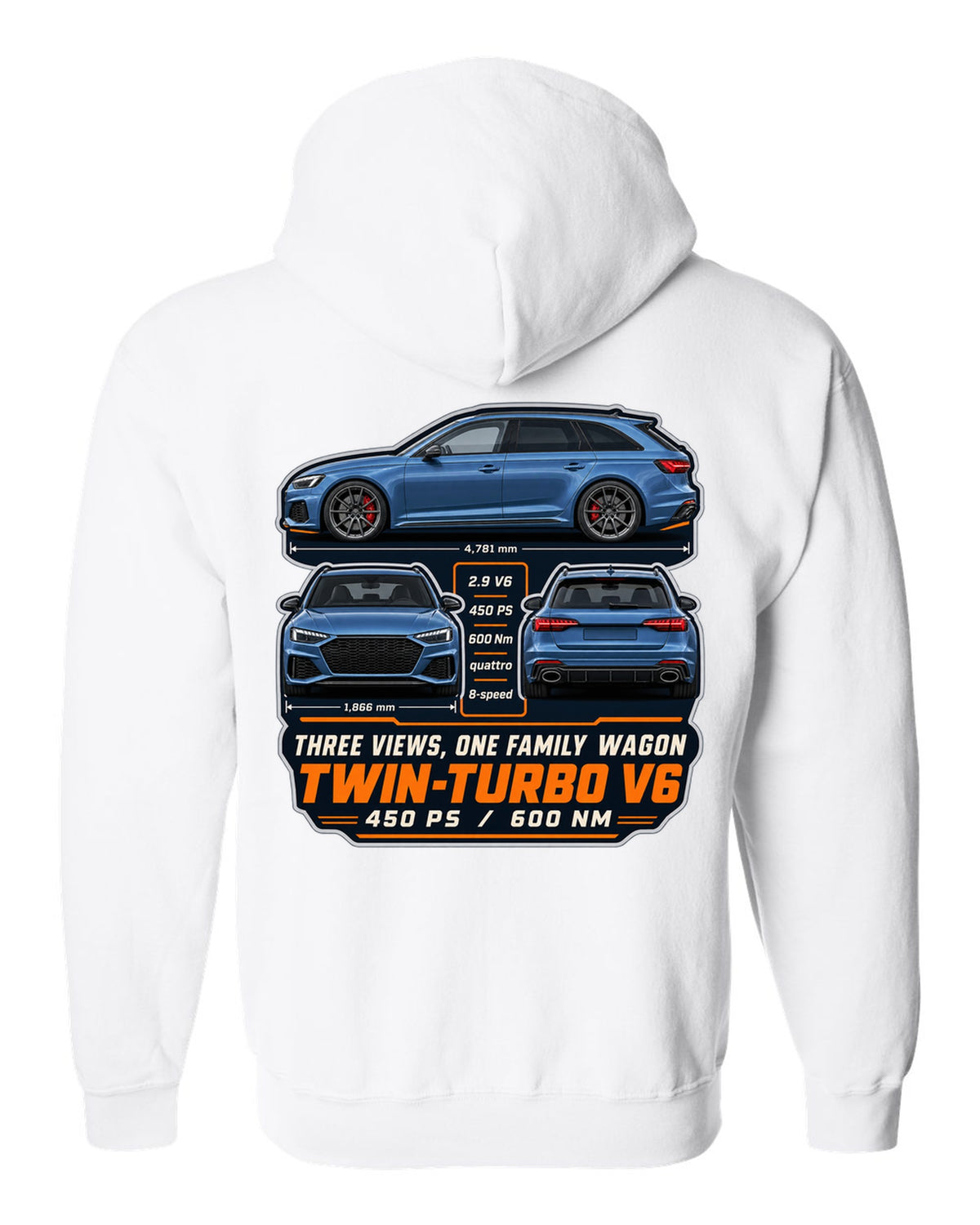 Audi RS4 Avant B9 facelift three-view drawing with spec table print white zip hoodie back view with the design