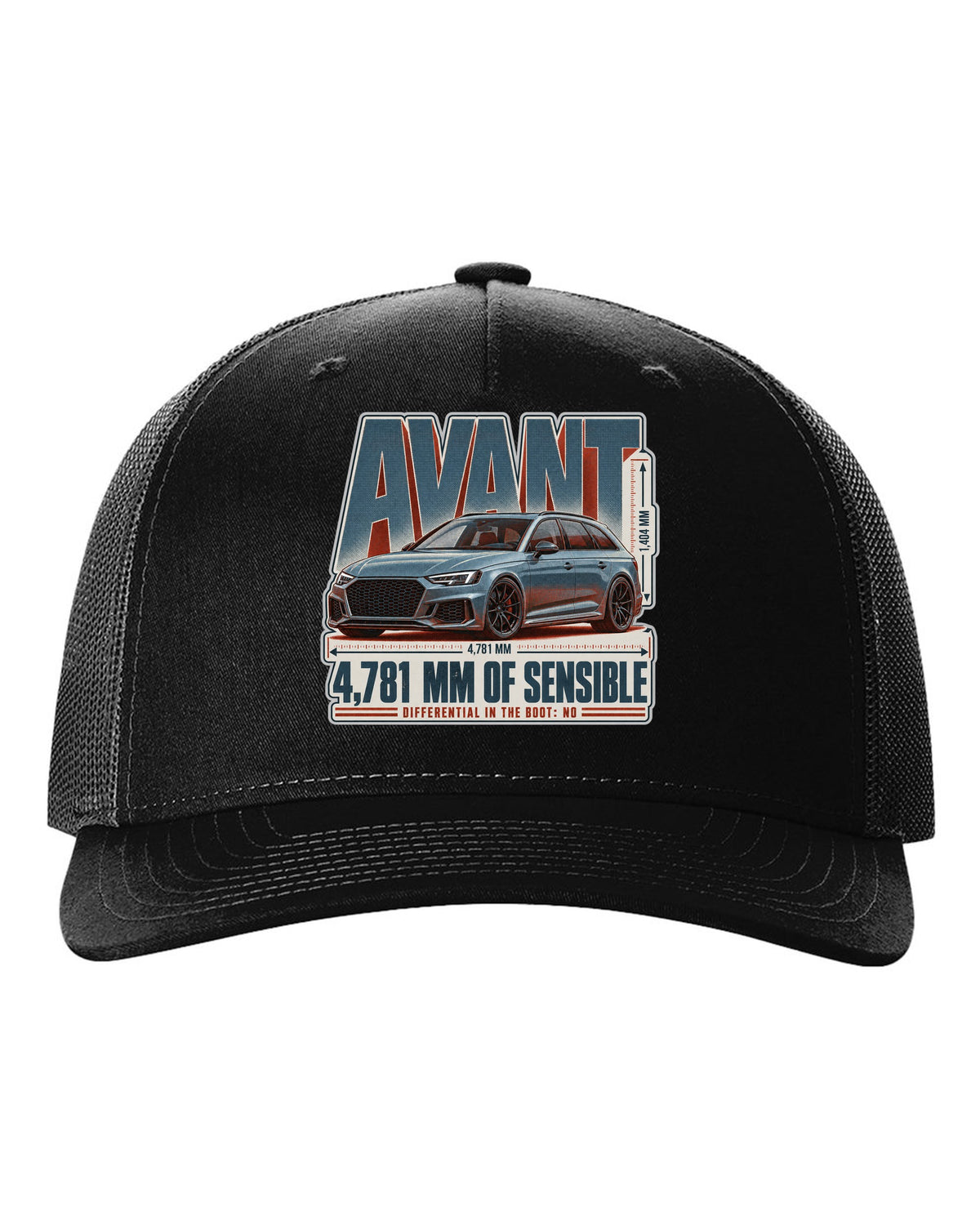 Audi RS4 Avant B9 halftone statement print with wagon text black hat front view with the design