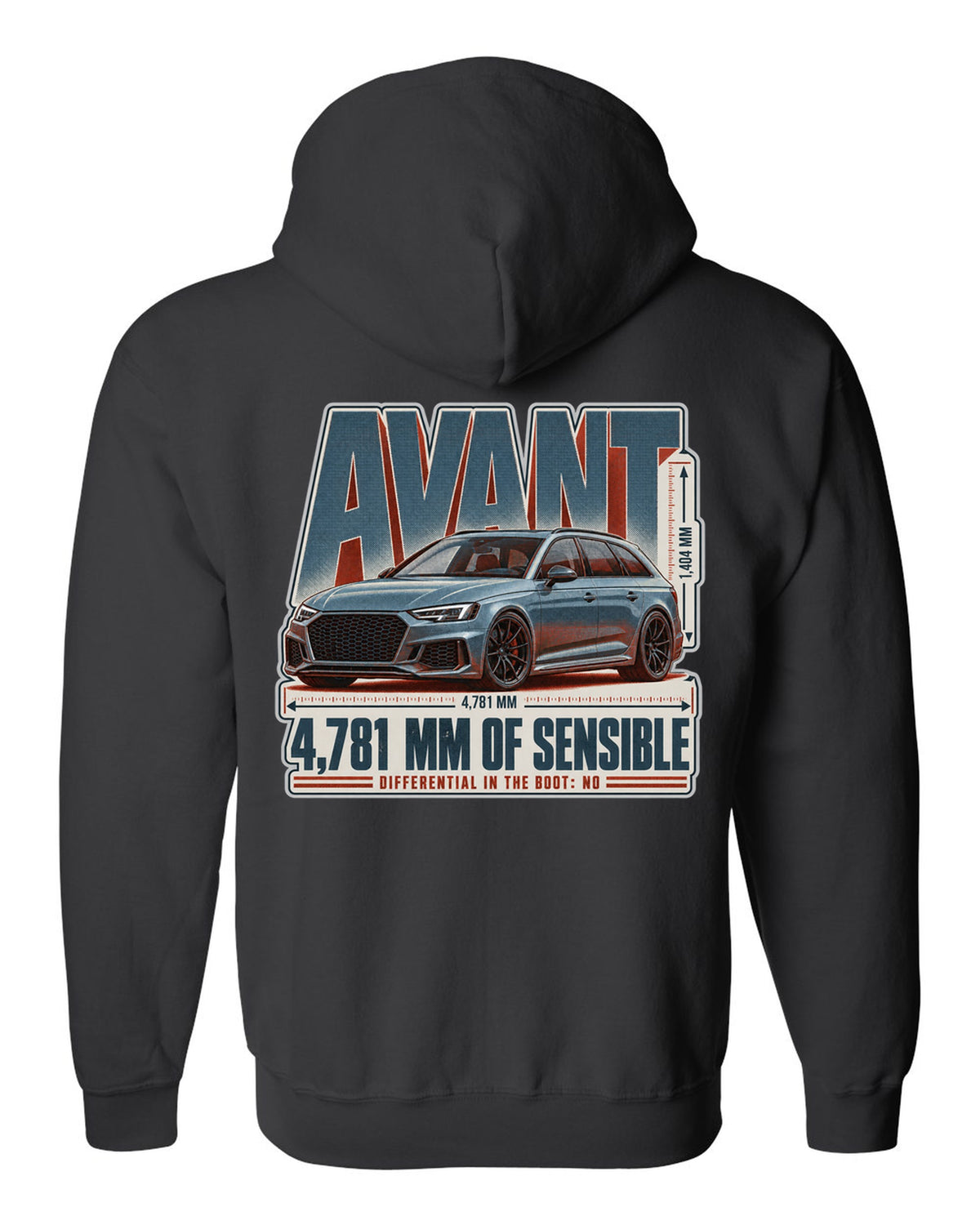 Audi RS4 Avant B9 halftone statement print with wagon text black zip hoodie back view with the design