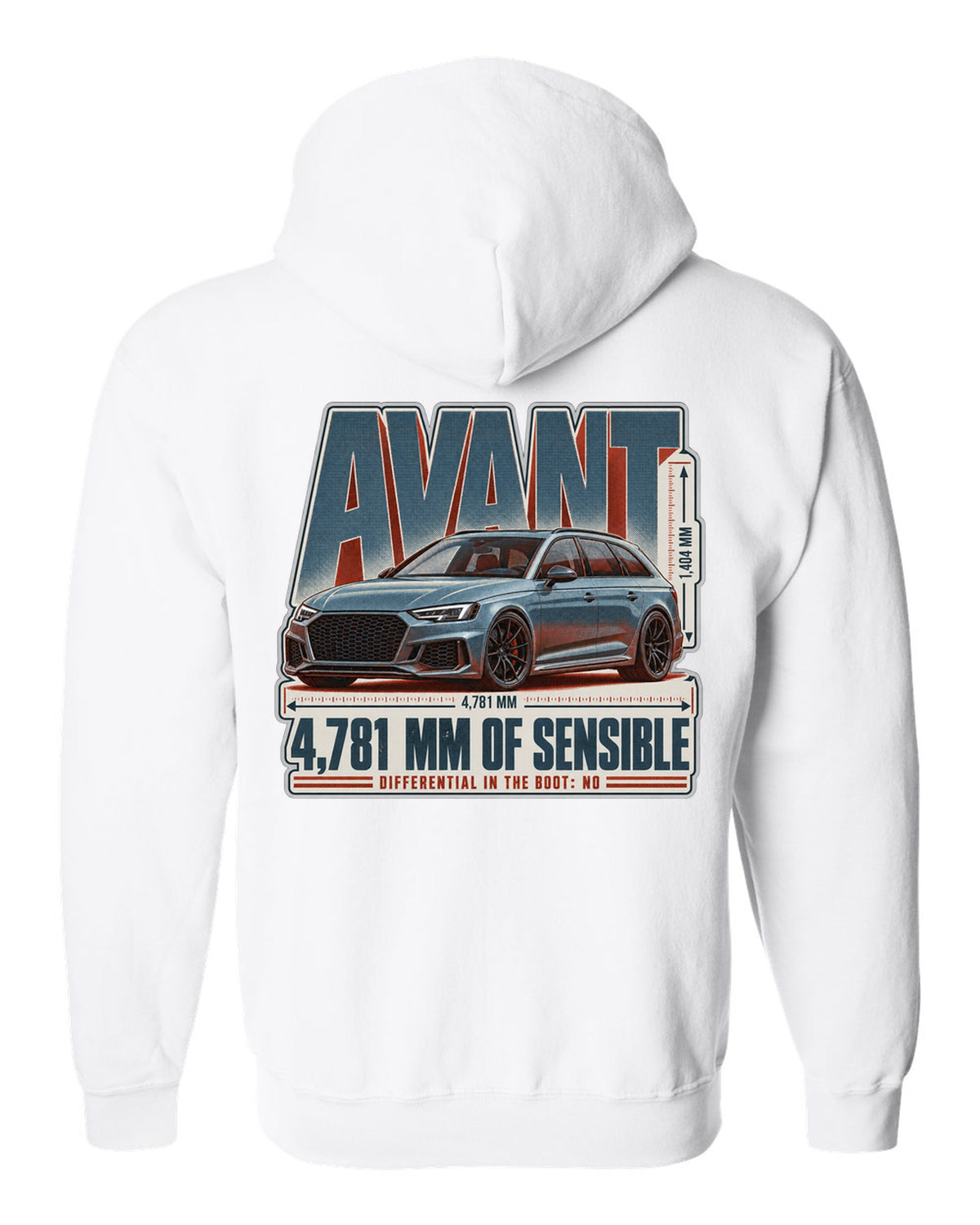 Audi RS4 Avant B9 halftone statement print with wagon text white zip hoodie back view with the design