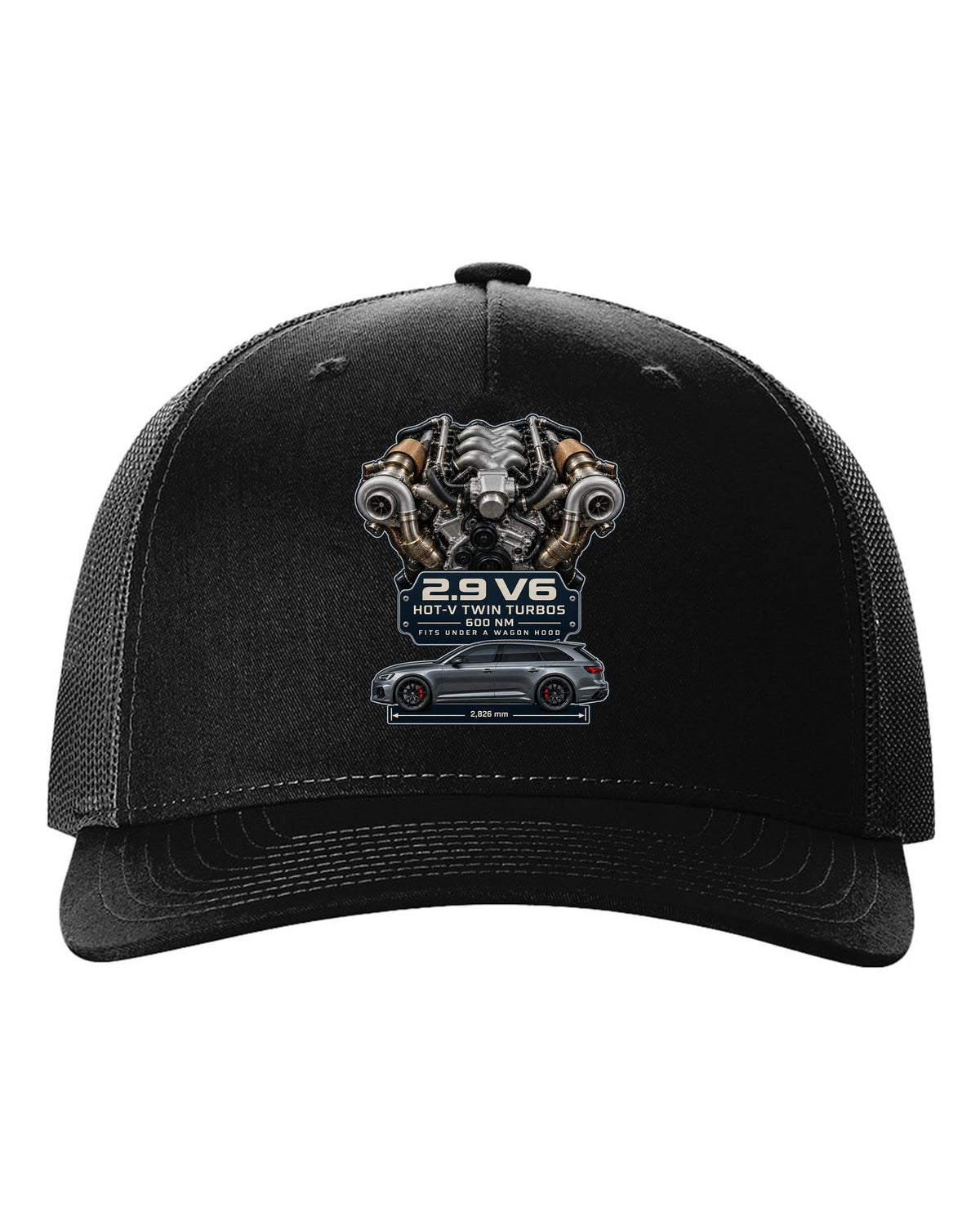 Audi RS4 B9 2.9 TFSI hot-V twin-turbo V6 engine graphic print black hat front view with the design