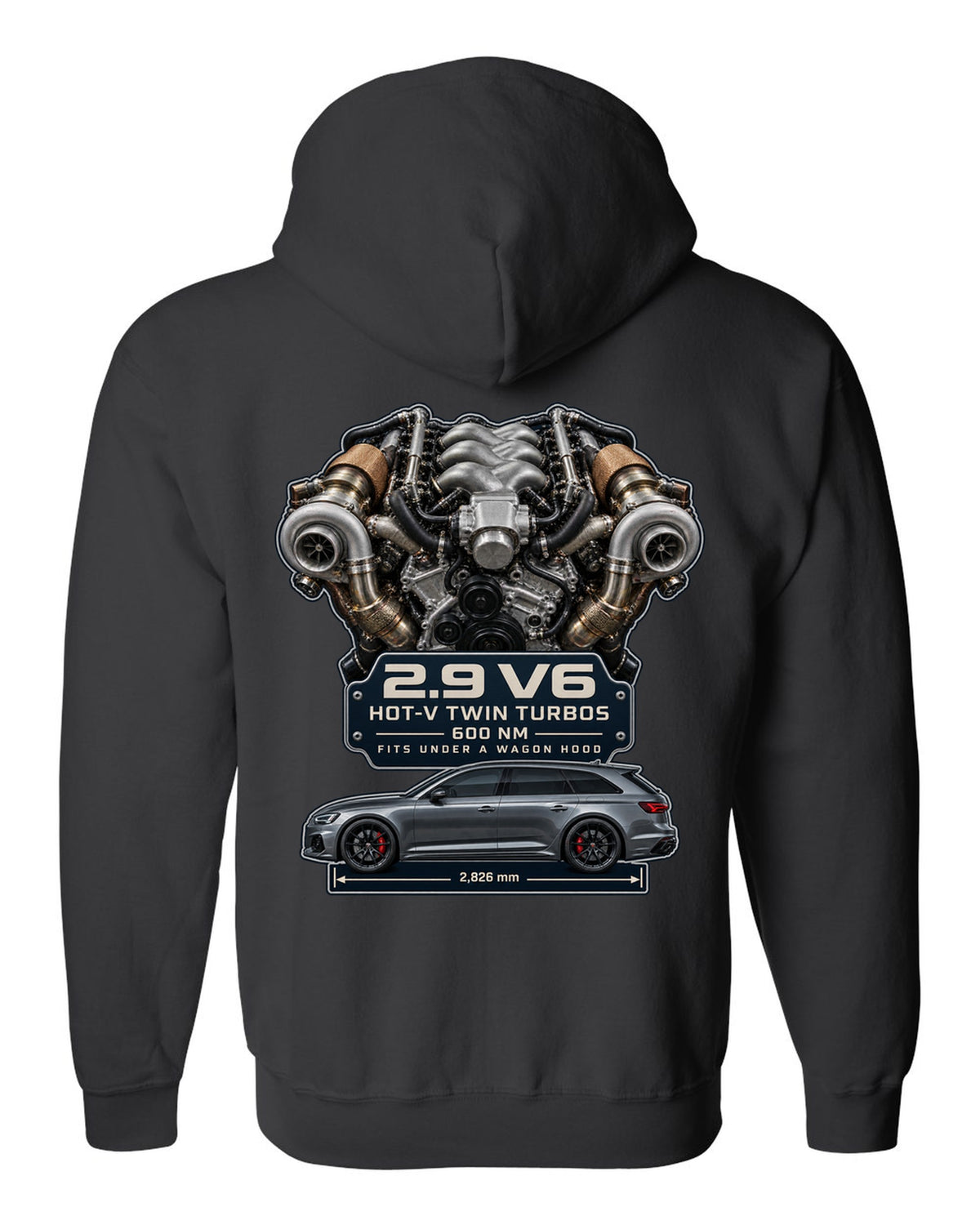 Audi RS4 B9 2.9 TFSI hot-V twin-turbo V6 engine graphic print black zip hoodie back view with the design
