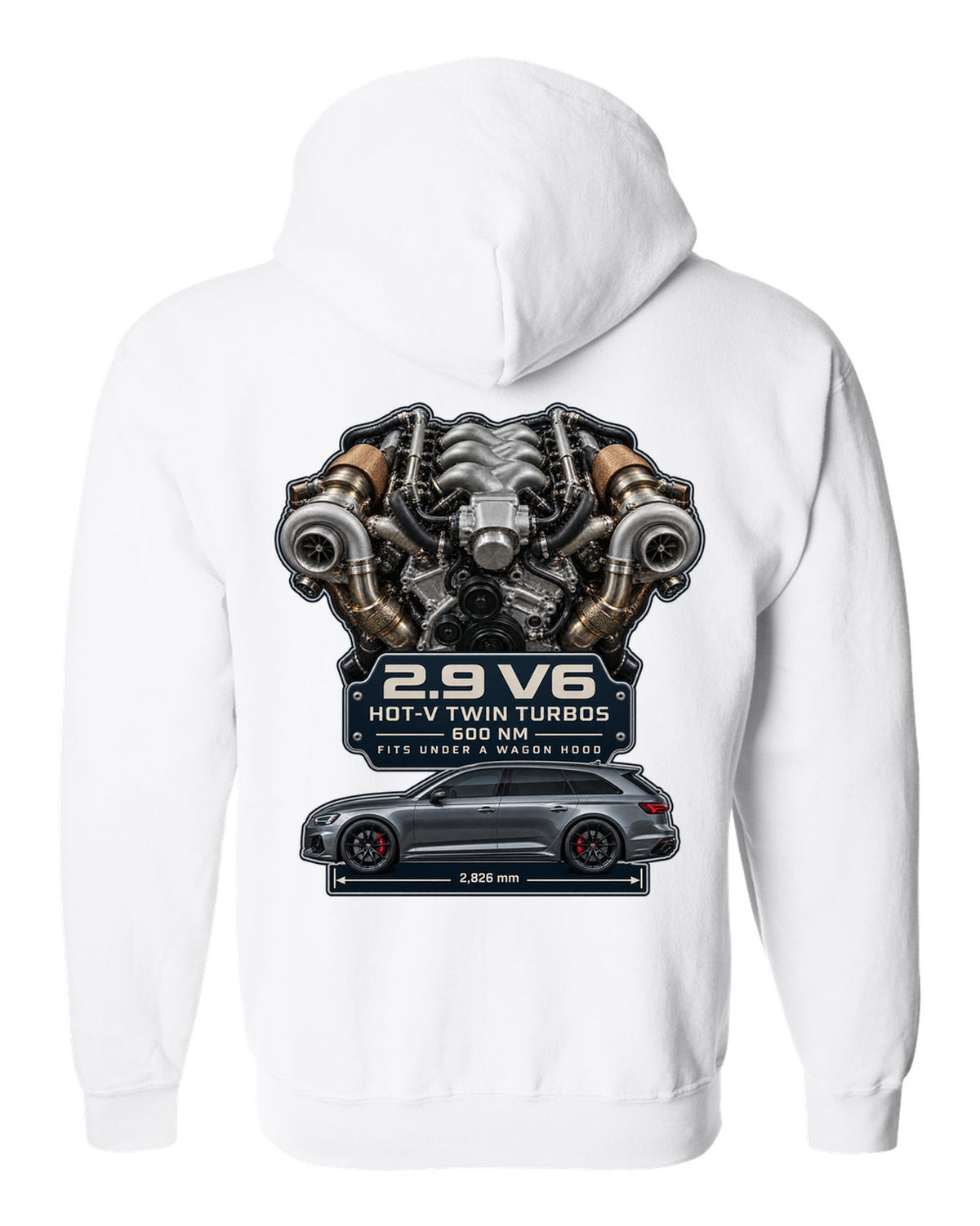 Audi RS4 B9 2.9 TFSI hot-V twin-turbo V6 engine graphic print white zip hoodie back view with the design
