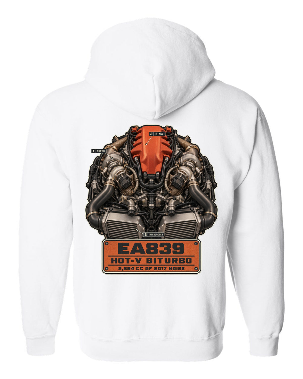 Engine hero poster of the Audi RS5 B9 EA839 hot-V biturbo white zip hoodie back view with the design