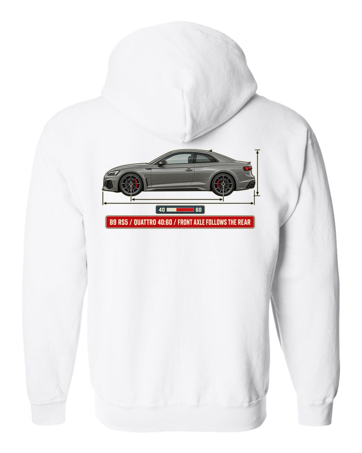 Dimension blueprint of an Audi RS5 Coupe B9 facelift with quattro 40:60 text white zip hoodie back view with the design