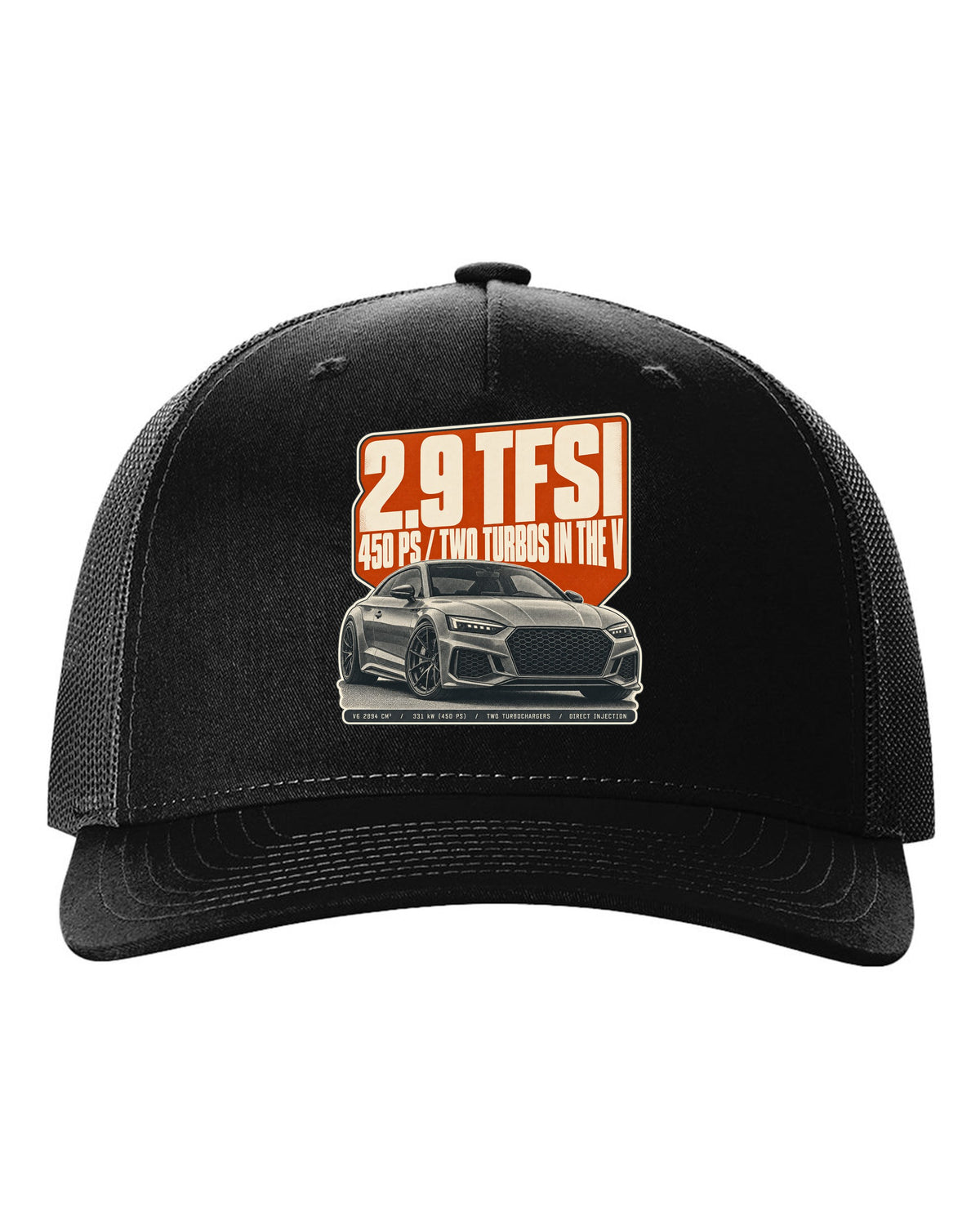 Halftone print of an Audi RS5 Coupe B9 with 2.9 TFSI and 450 PS text black hat front view with the design