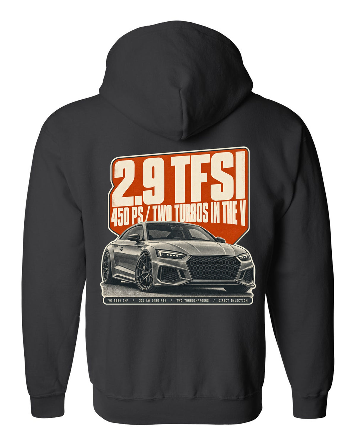 Halftone print of an Audi RS5 Coupe B9 with 2.9 TFSI and 450 PS text black zip hoodie back view with the design